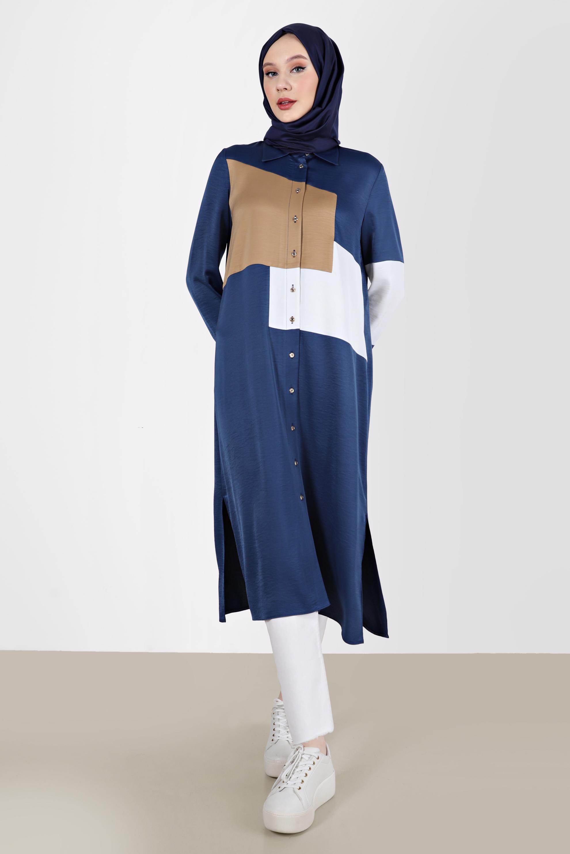Tesettür giyim LACİVERT BOYDAN DÜĞMELİ GEOMETRİK ŞEKİLLİ TUNİK 42581 