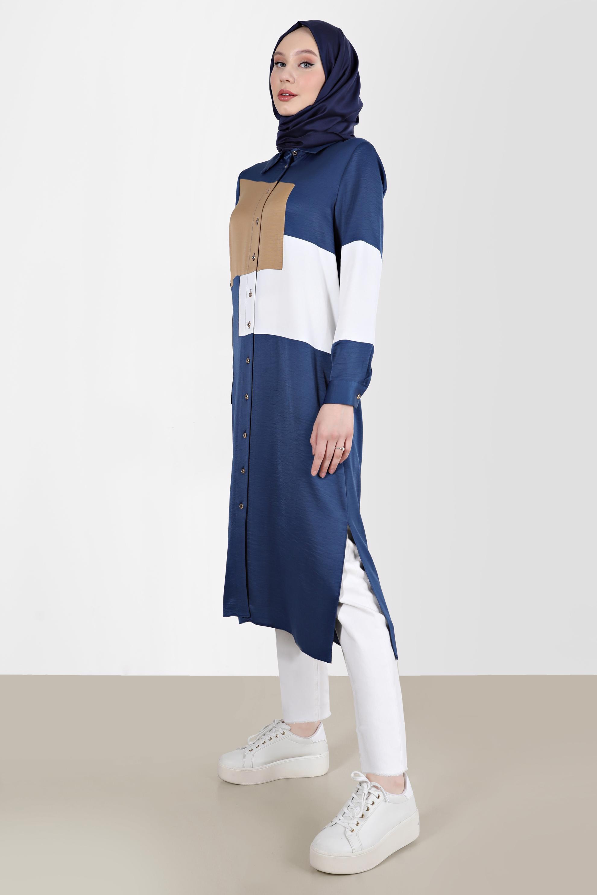 Tesettür giyim LACİVERT BOYDAN DÜĞMELİ GEOMETRİK ŞEKİLLİ TUNİK 42581 