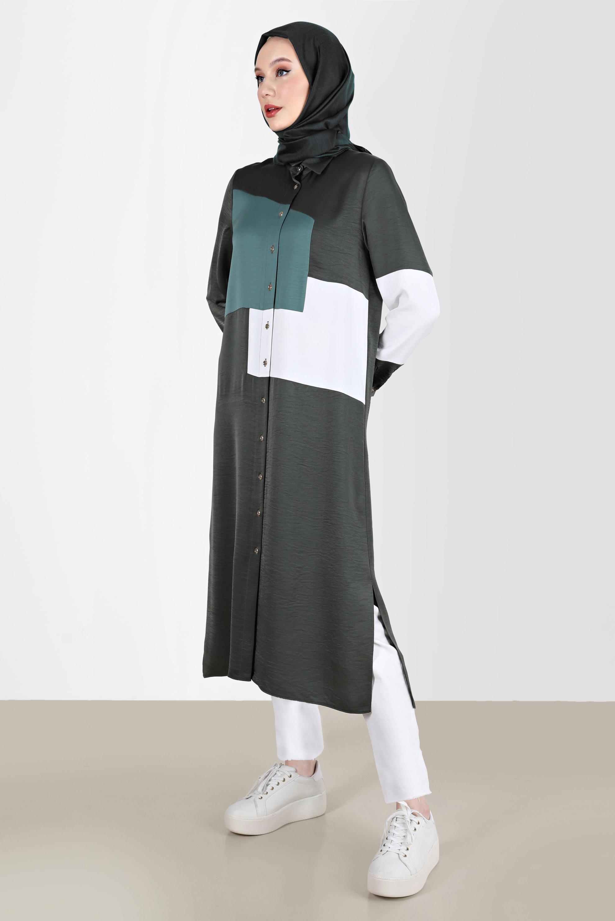 Tesettür giyim HAKİ BOYDAN DÜĞMELİ GEOMETRİK ŞEKİLLİ TUNİK 42581 