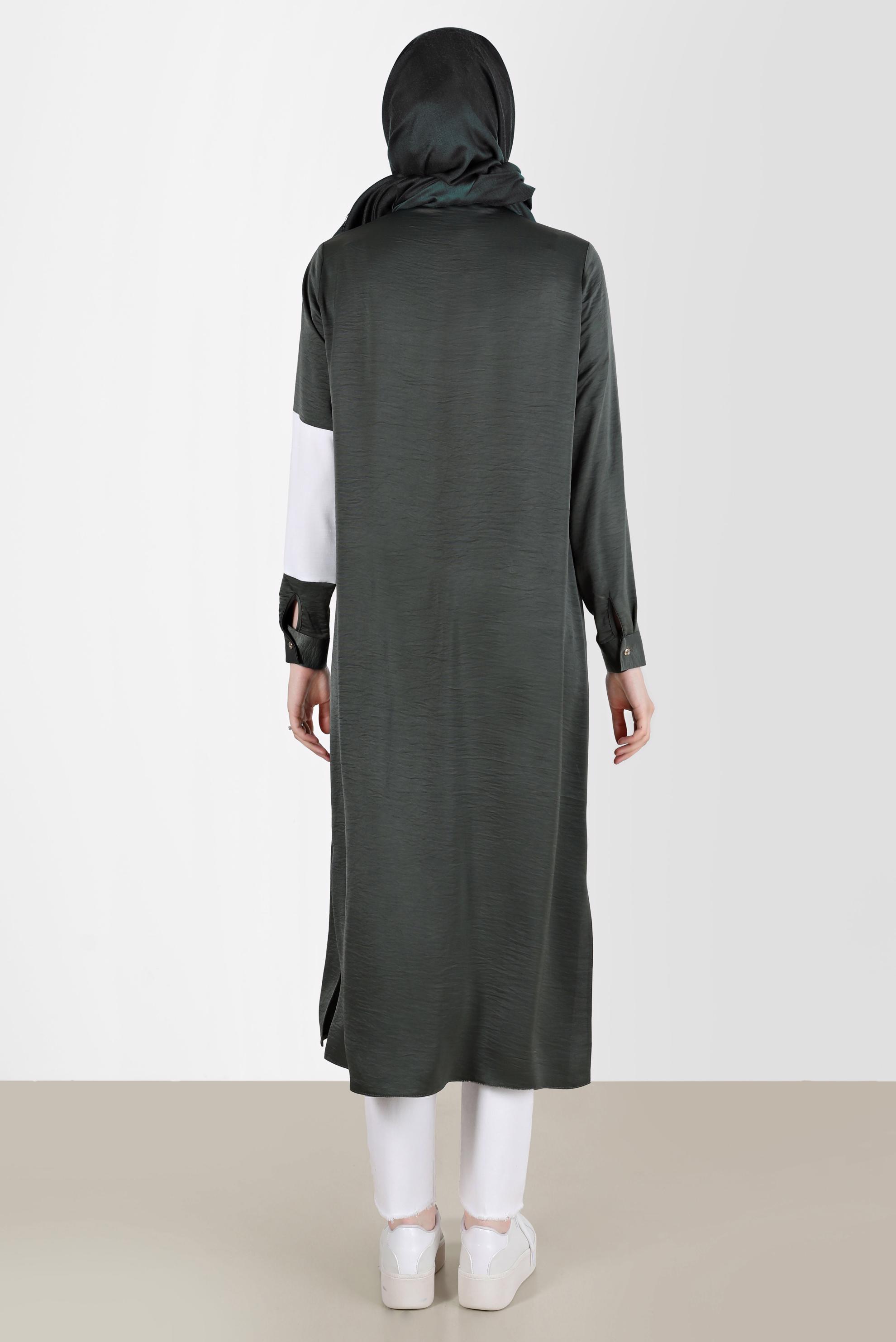 Tesettür giyim HAKİ BOYDAN DÜĞMELİ GEOMETRİK ŞEKİLLİ TUNİK 42581 