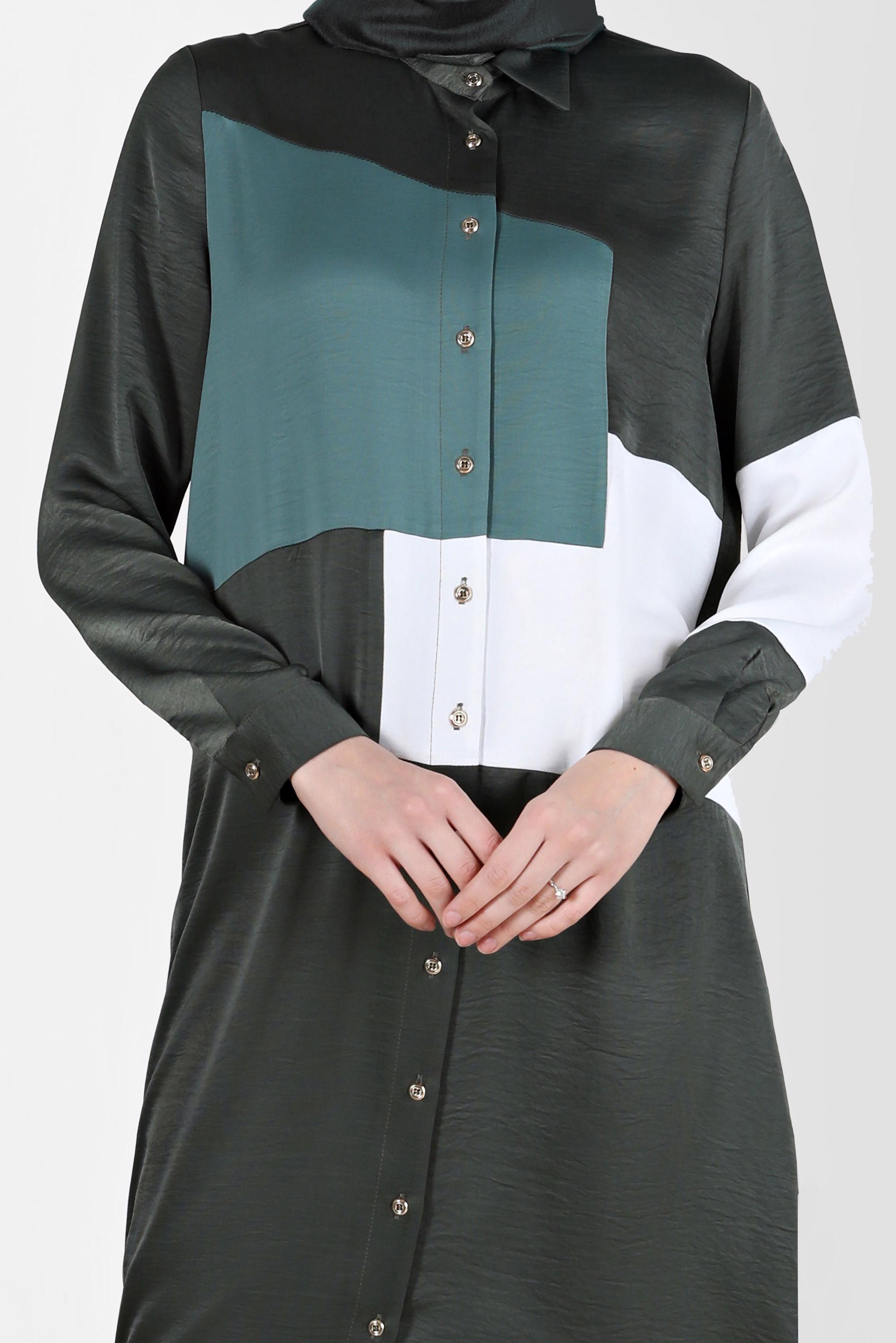 Tesettür giyim HAKİ BOYDAN DÜĞMELİ GEOMETRİK ŞEKİLLİ TUNİK 42581 