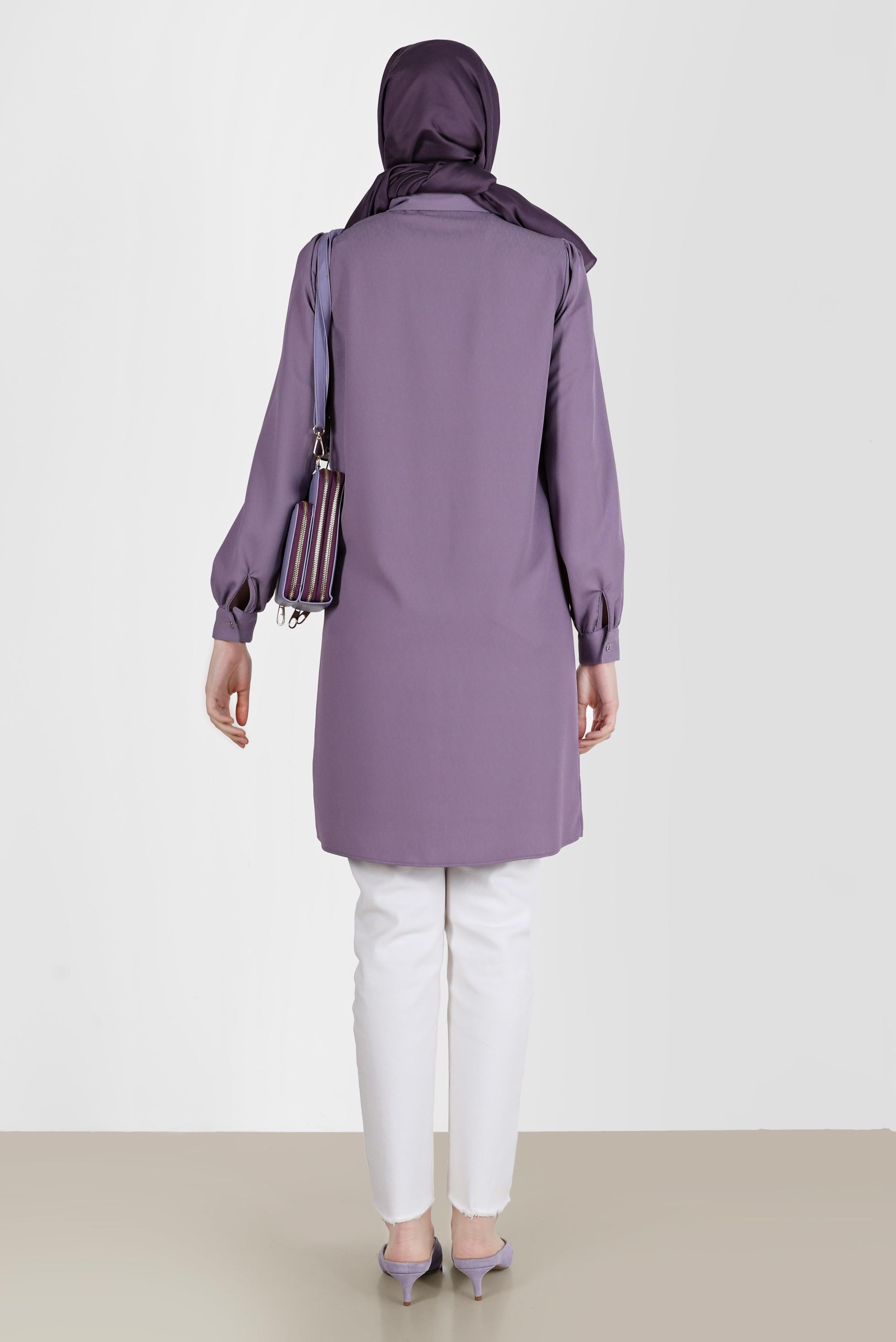 Tesettür giyim MOR YAKASI NAKIŞLI PÜSKÜL DETAYLI TUNİK 42582 