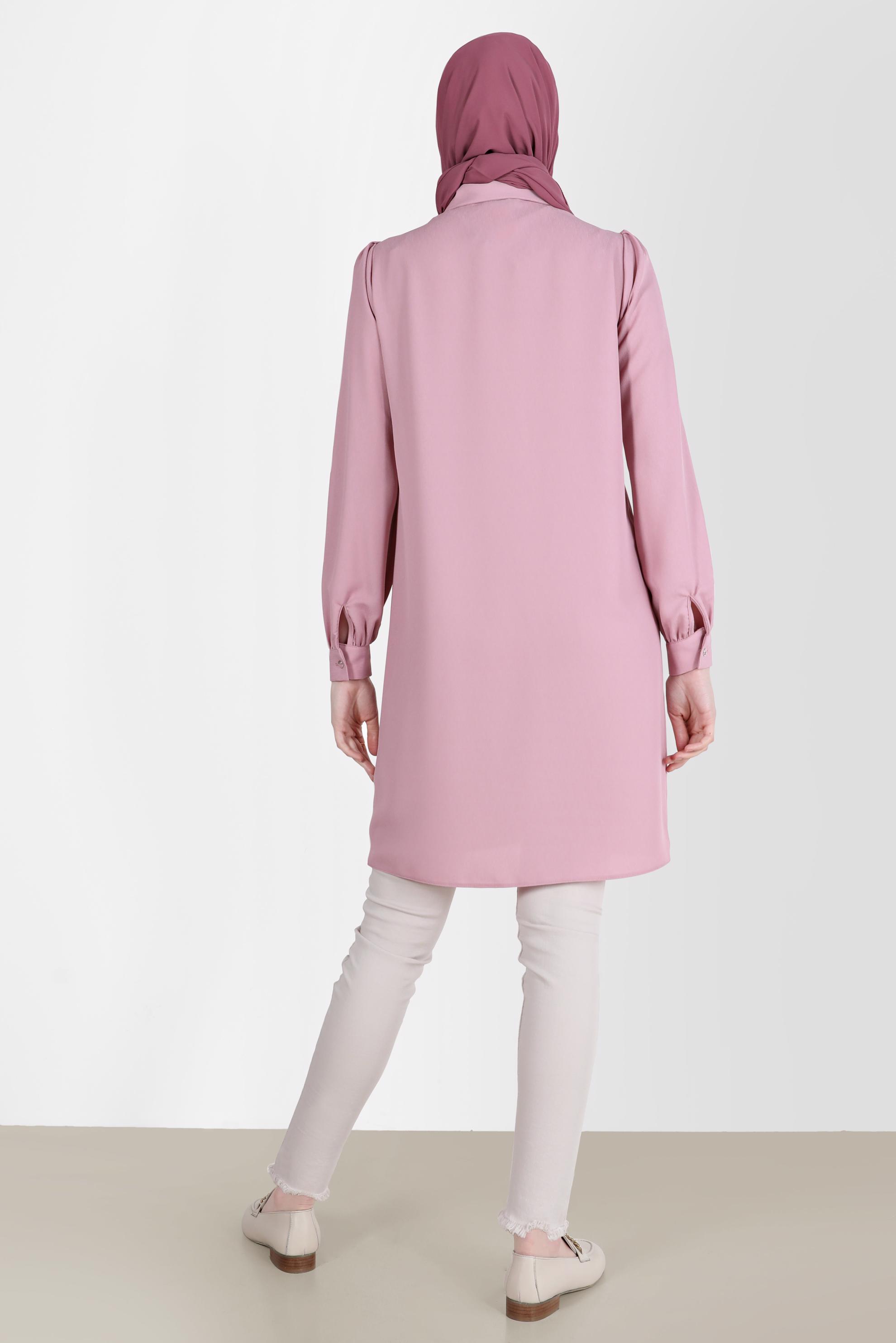 Tesettür giyim PUDRA YAKASI NAKIŞLI PÜSKÜL DETAYLI TUNİK 42582 