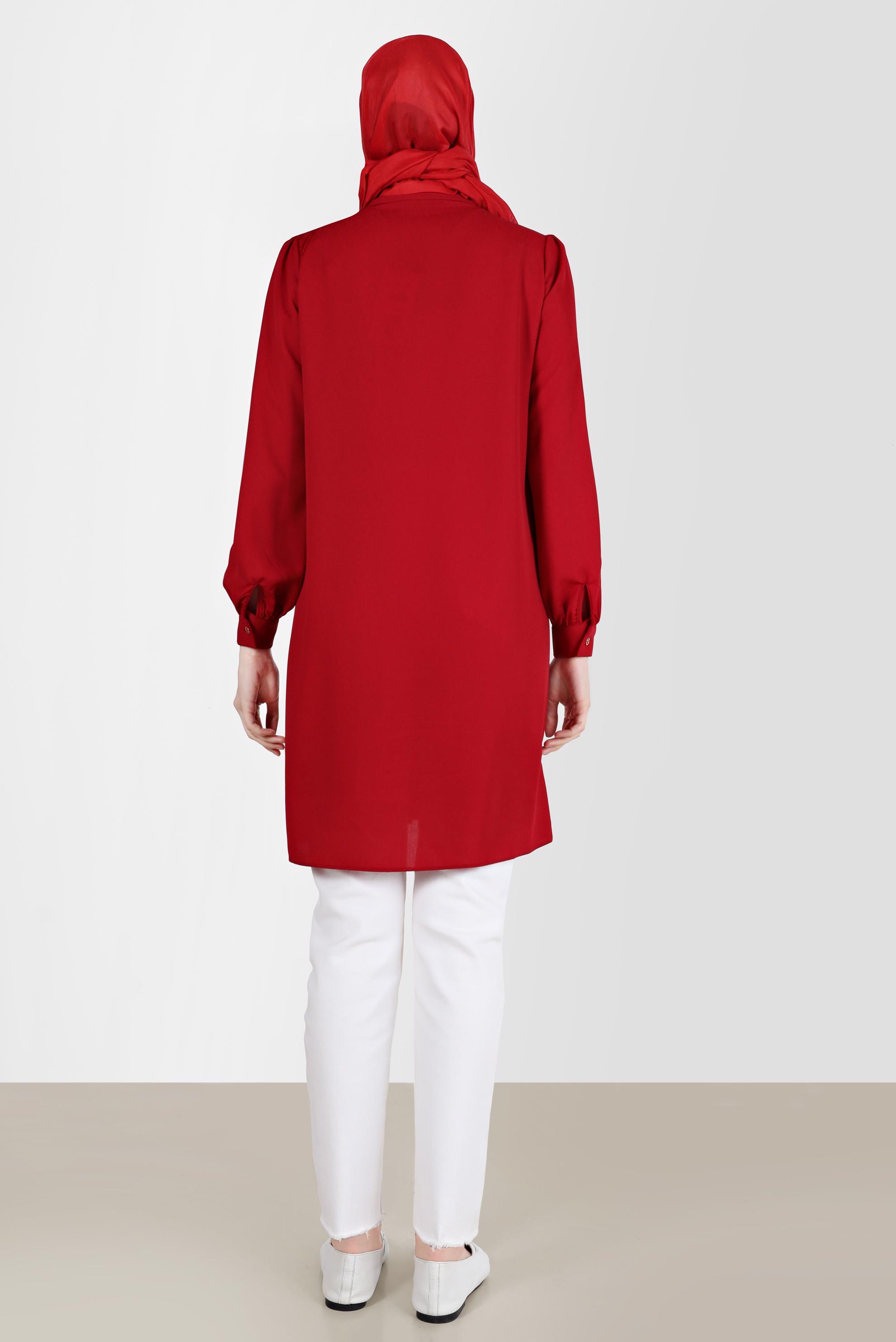 Tesettür giyim BORDO YAKASI NAKIŞLI PÜSKÜL DETAYLI TUNİK 42582 