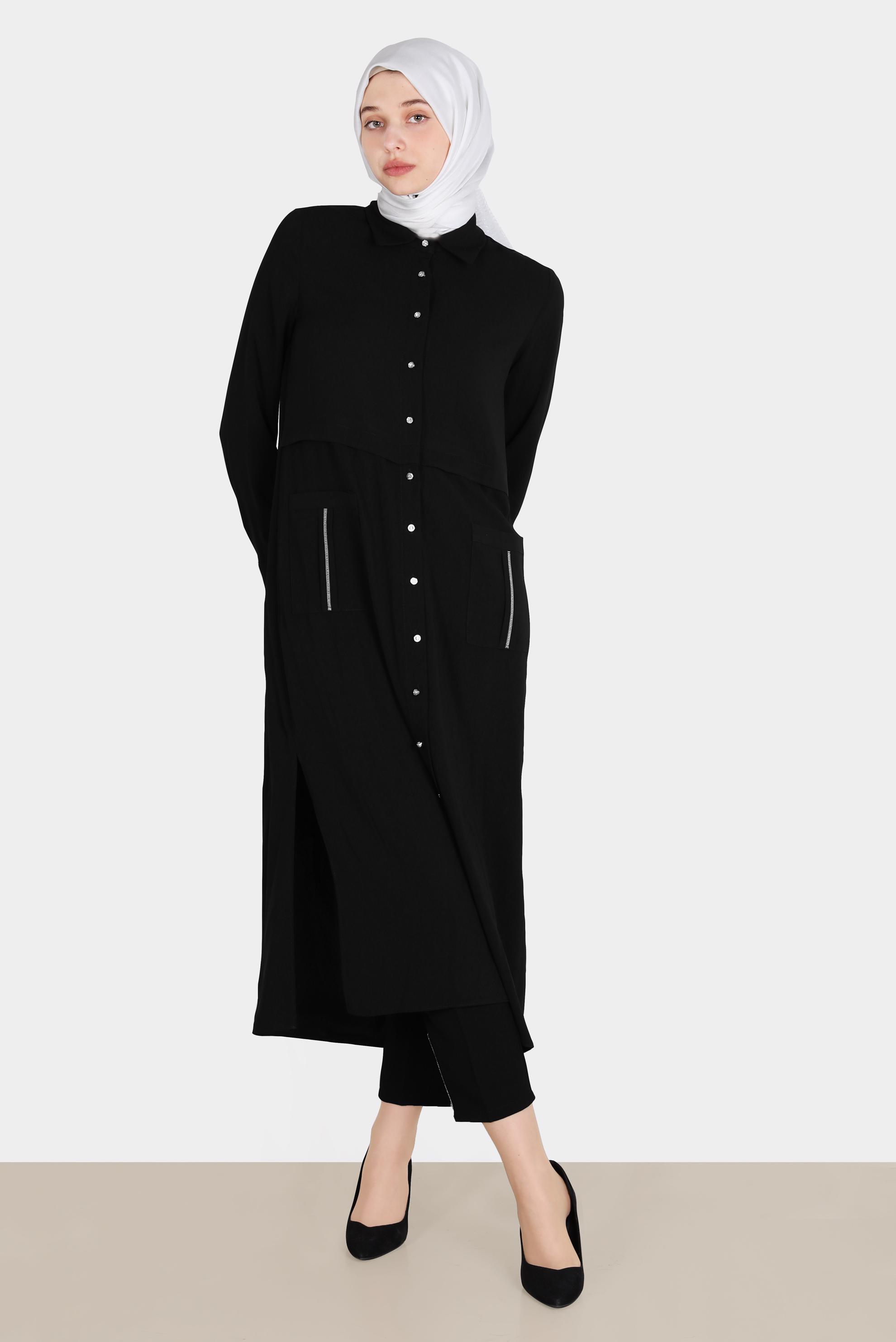 Tesettür giyim SİYAH CEPLERİ TAŞLI DÜĞMELİ TUNİK 42583 