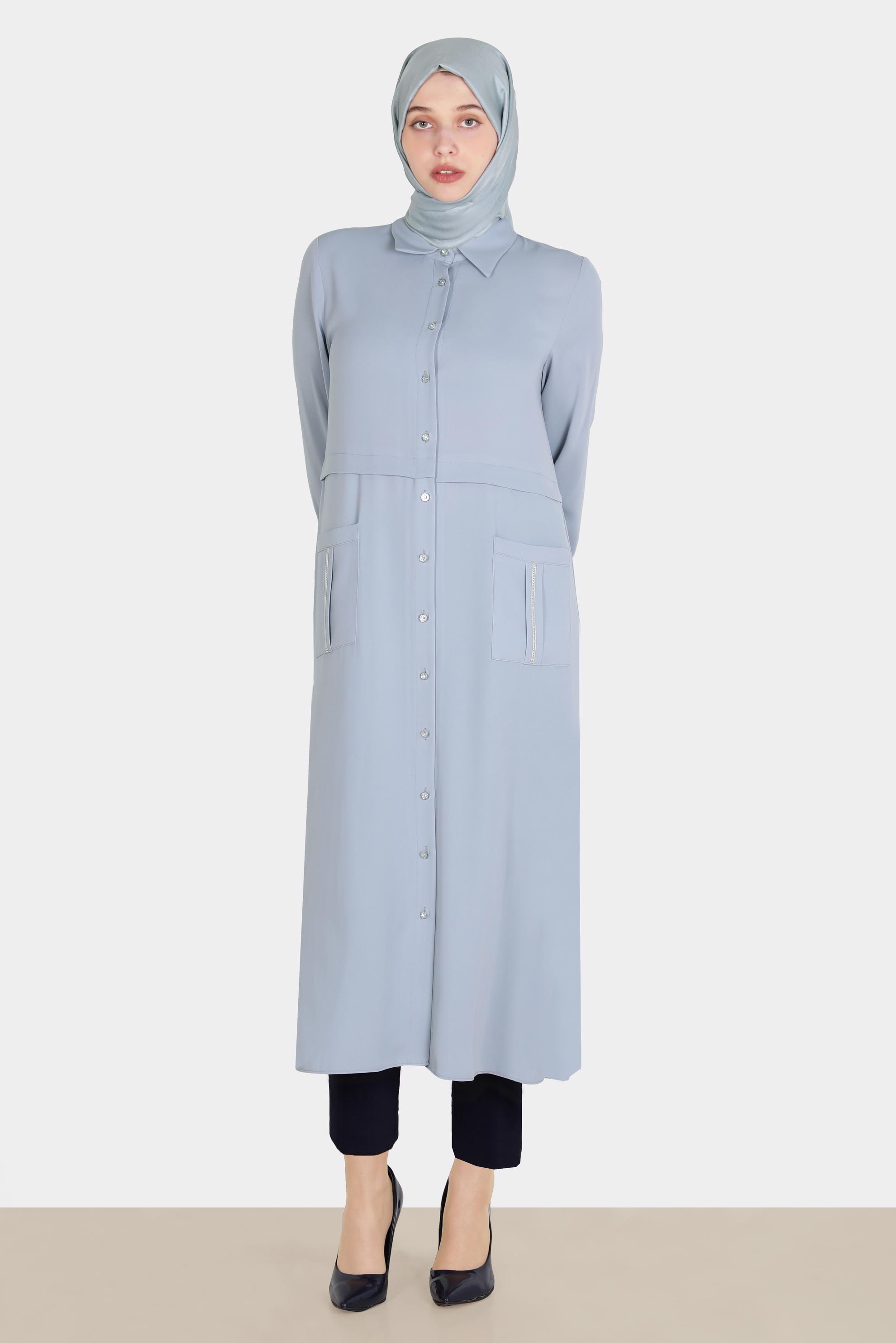 Tesettür giyim GRİ CEPLERİ TAŞLI DÜĞMELİ TUNİK 42583 