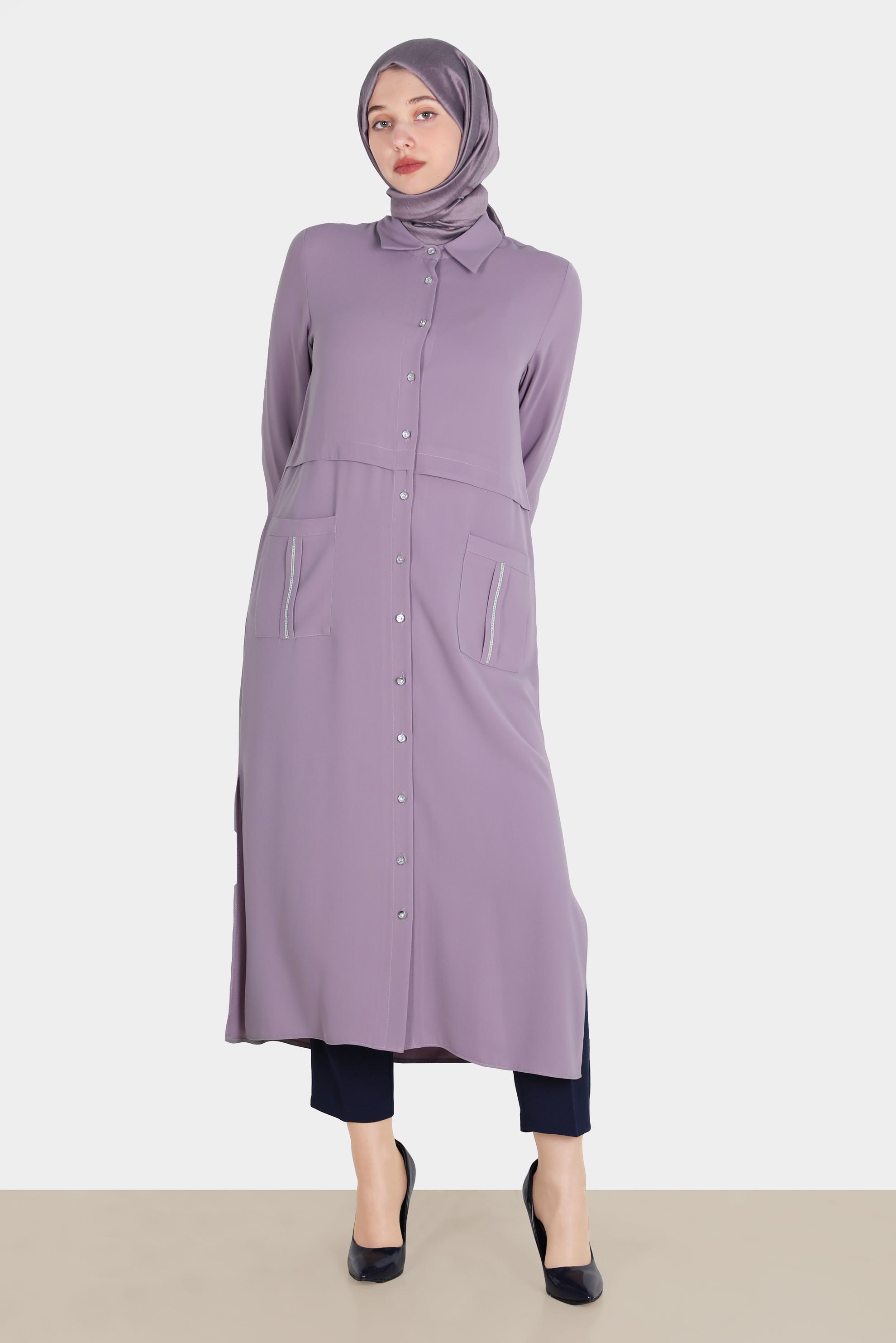 Tesettür giyim MOR CEPLERİ TAŞLI DÜĞMELİ TUNİK 42583 