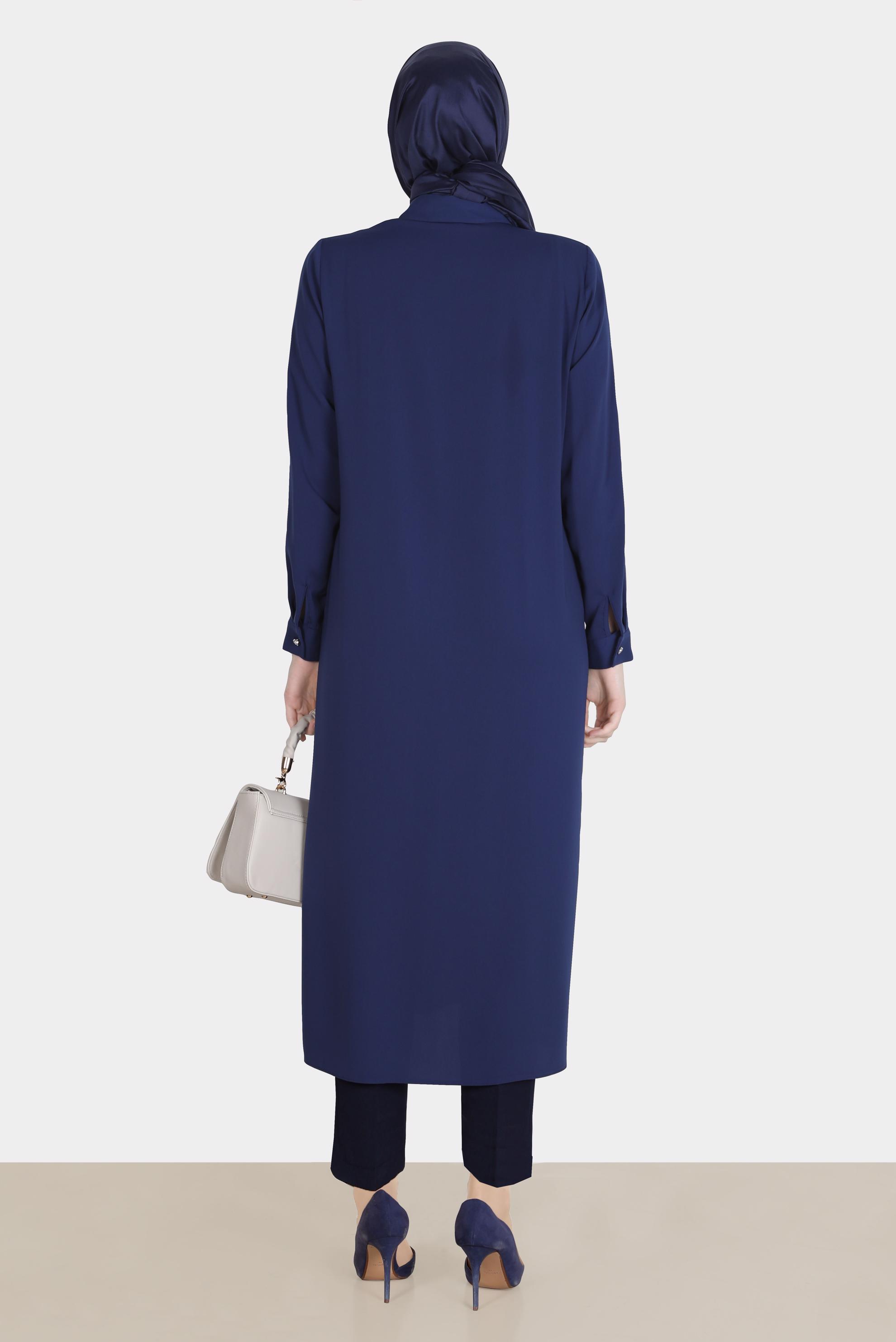 Tesettür giyim LACİVERT CEPLERİ TAŞLI DÜĞMELİ TUNİK 42583 