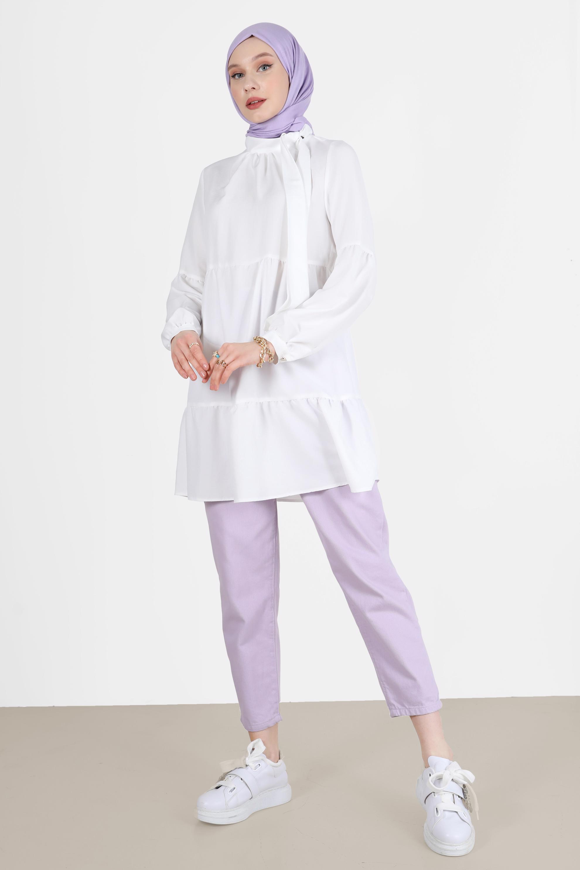 Tesettür giyim BEYAZ BAĞLAMA DETAYLI TUNİK 42584 