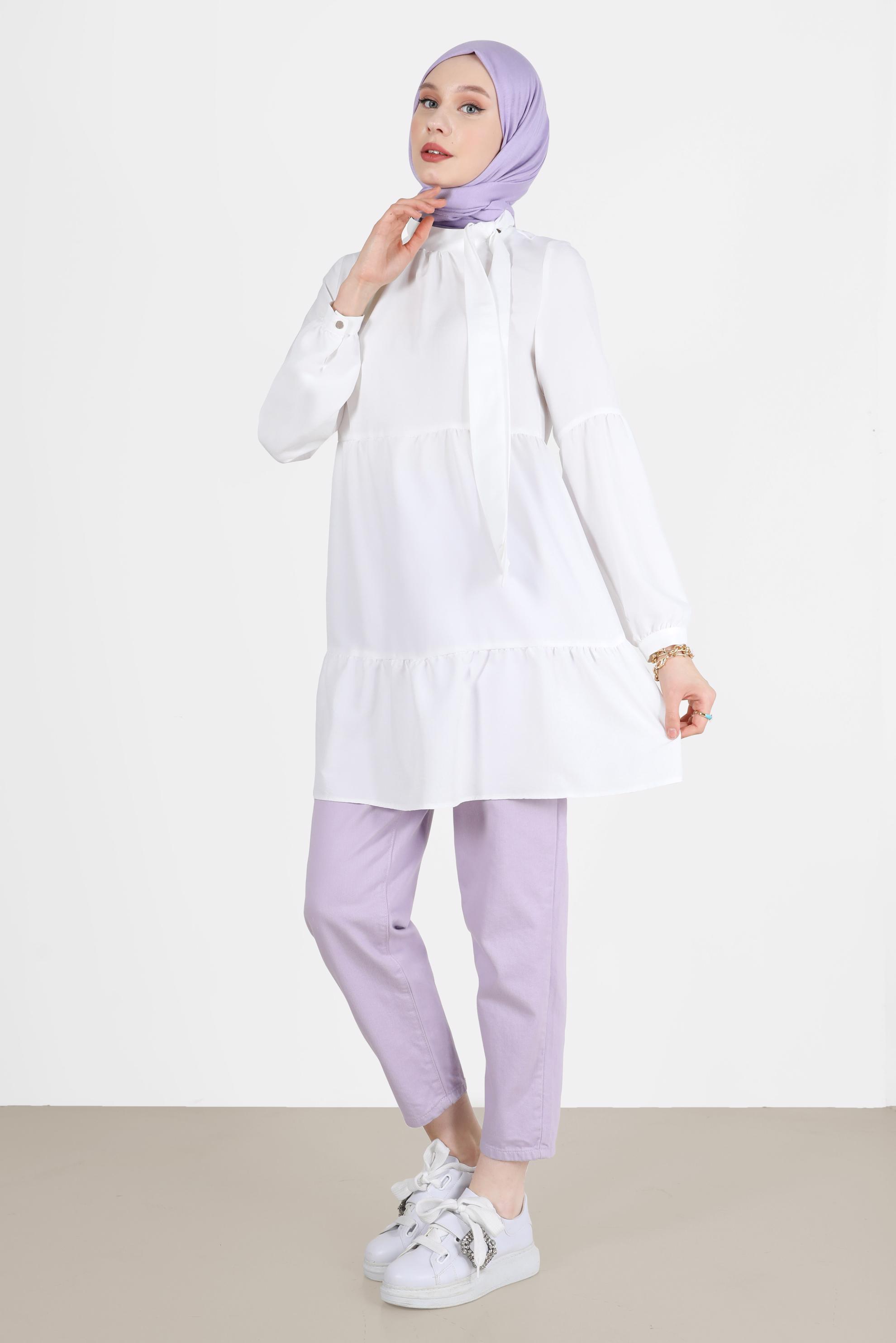 Tesettür giyim BEYAZ BAĞLAMA DETAYLI TUNİK 42584 