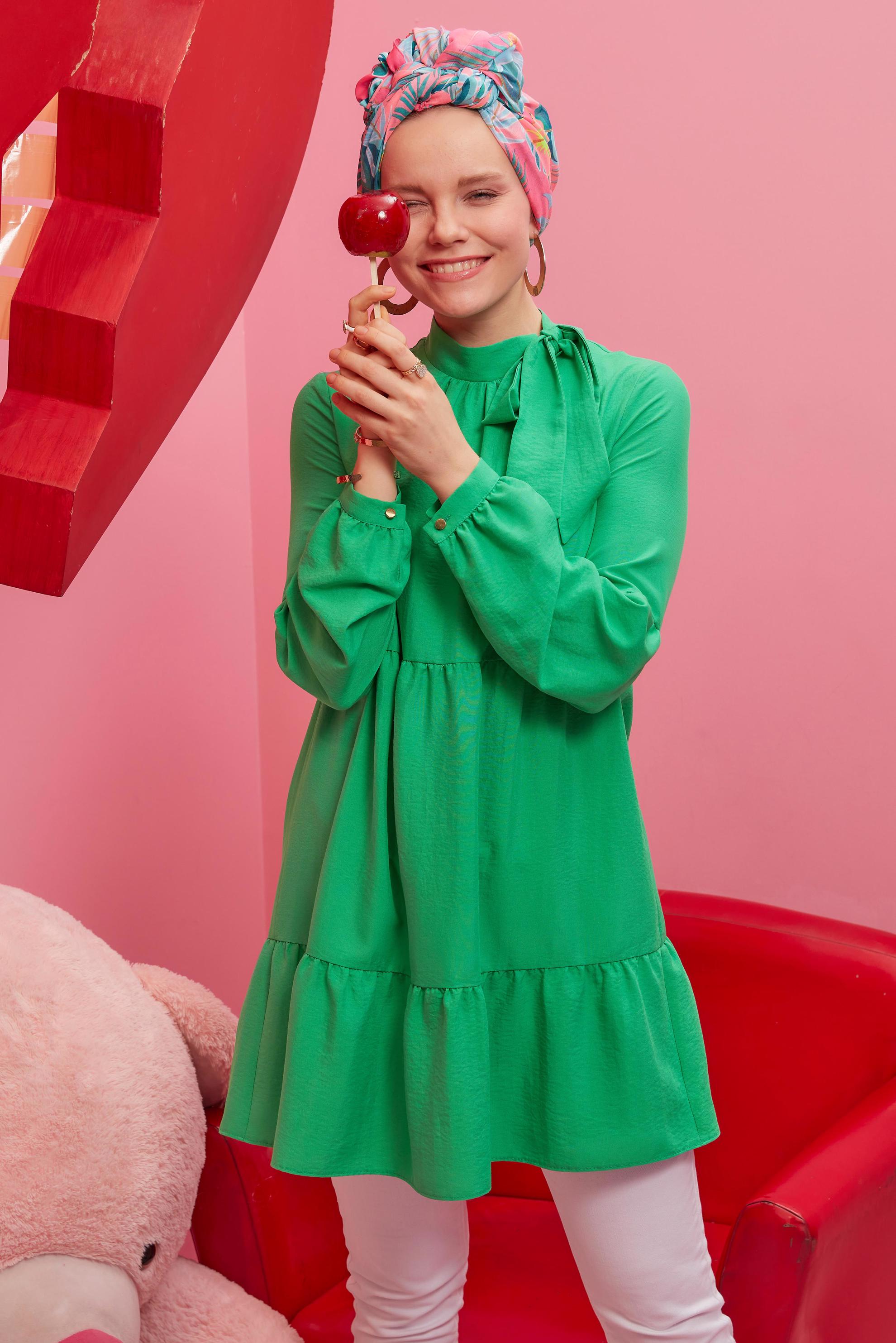 Tesettür giyim YEŞİL BAĞLAMA DETAYLI TUNİK 42584 