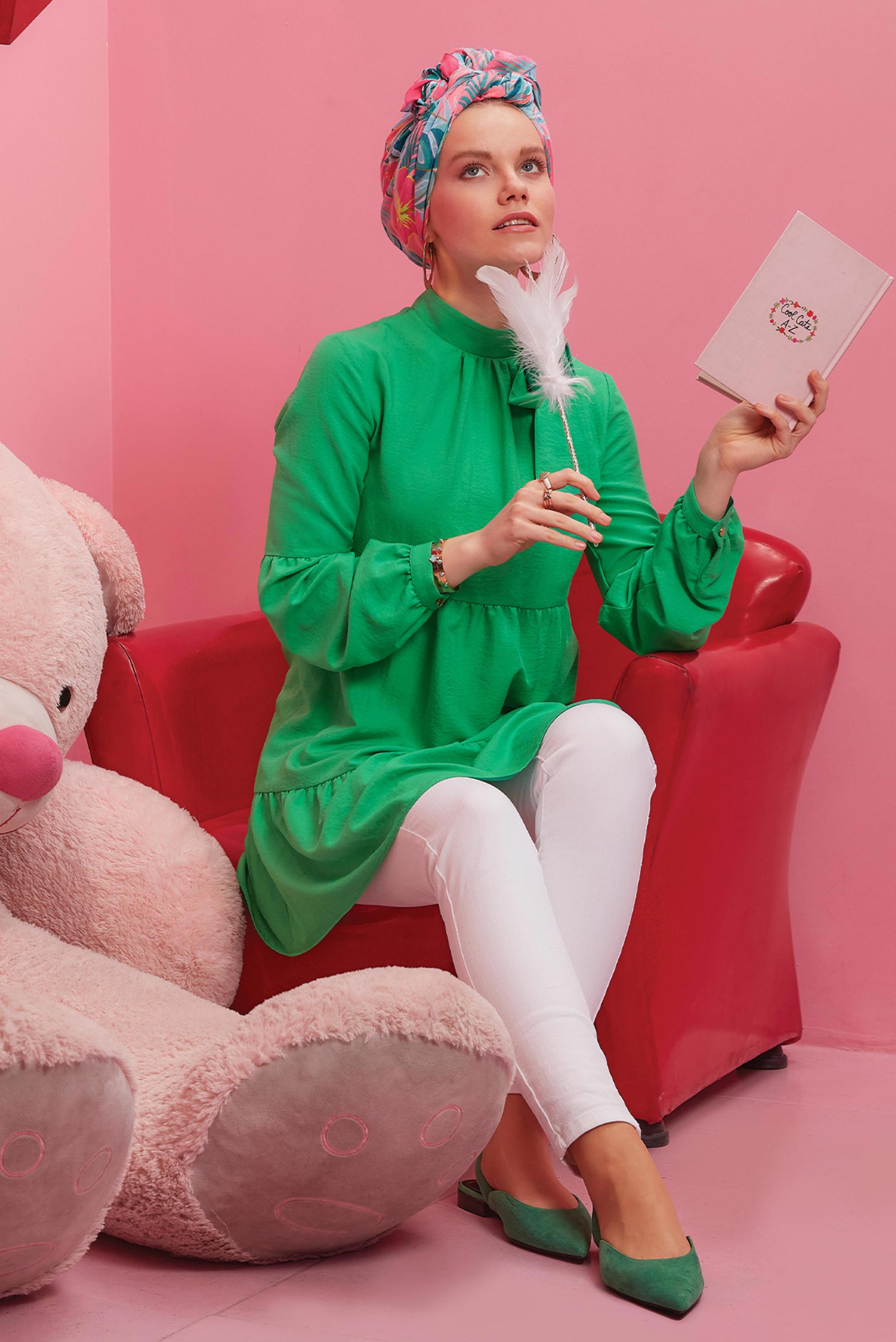 Tesettür giyim YEŞİL BAĞLAMA DETAYLI TUNİK 42584 