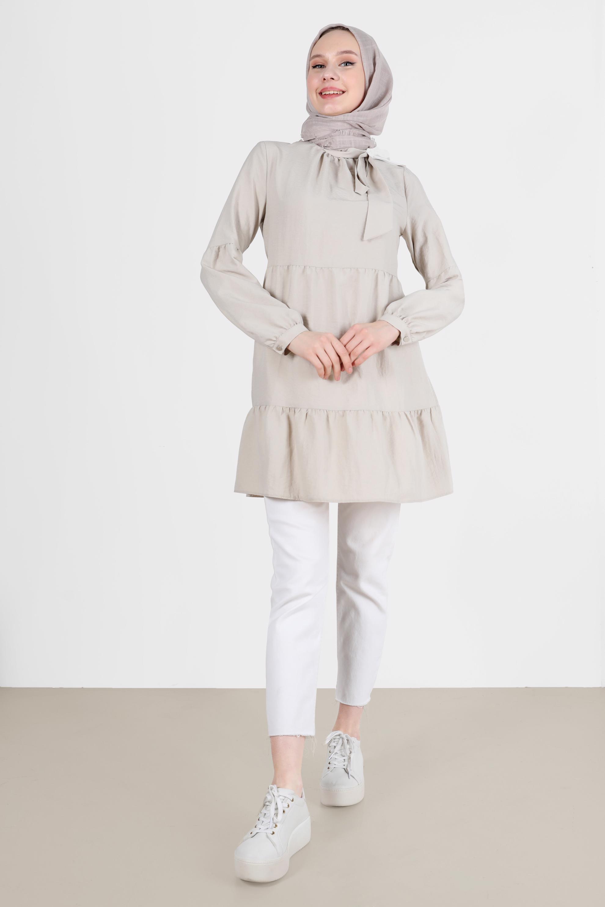 Tesettür giyim BEJ BAĞLAMA DETAYLI TUNİK 42584 