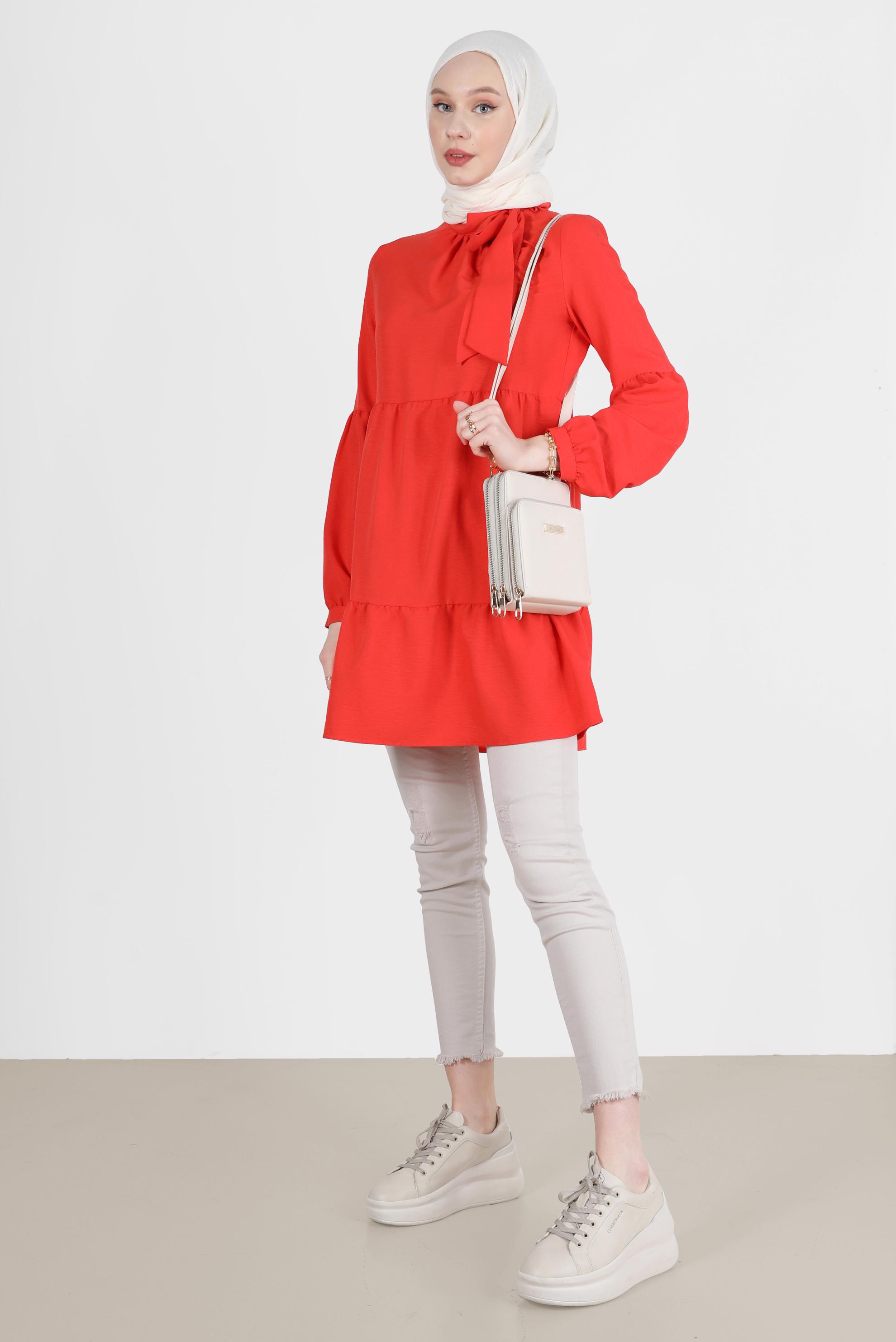 Tesettür giyim KIRMIZI BAĞLAMA DETAYLI TUNİK 42584 