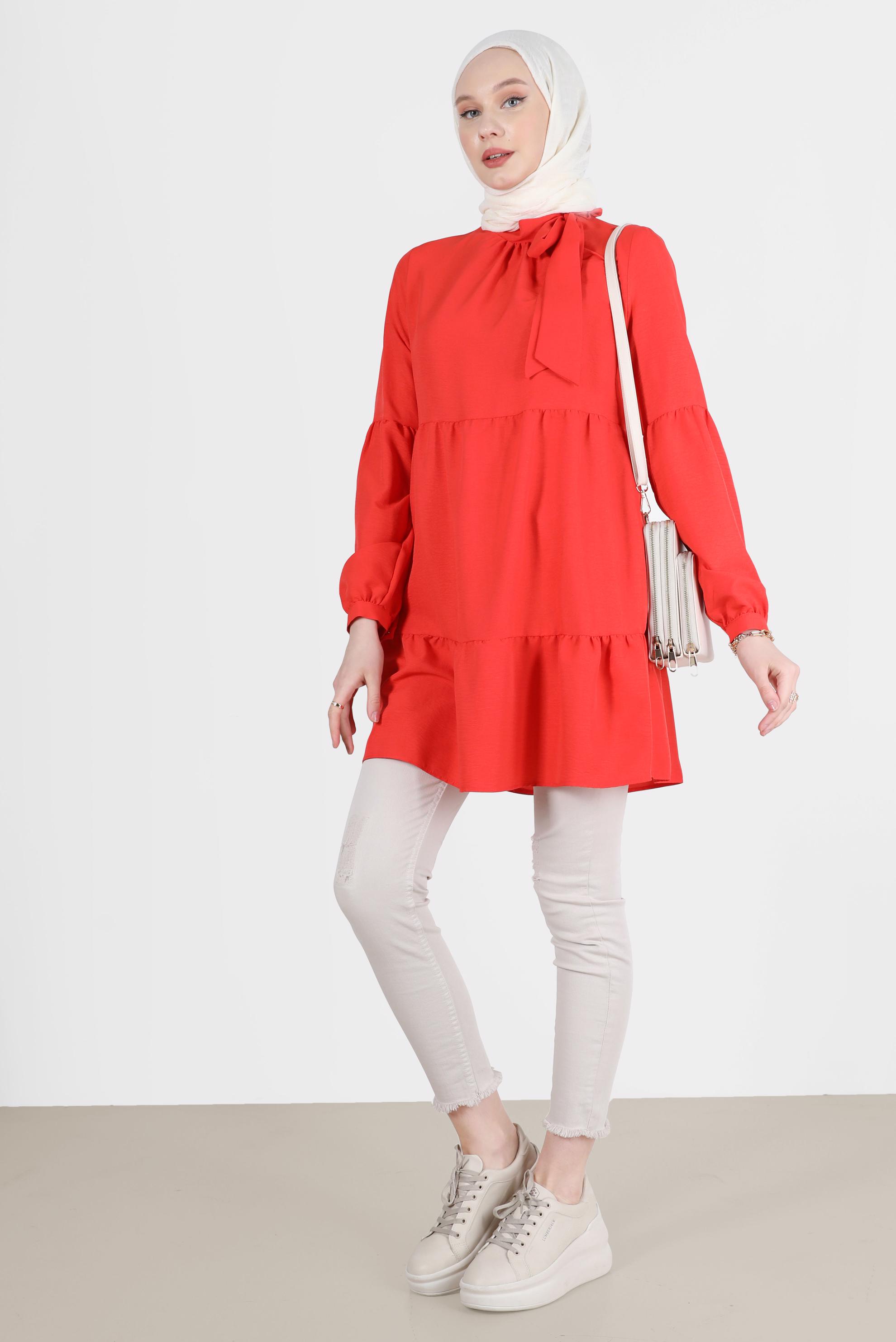Tesettür giyim KIRMIZI BAĞLAMA DETAYLI TUNİK 42584 