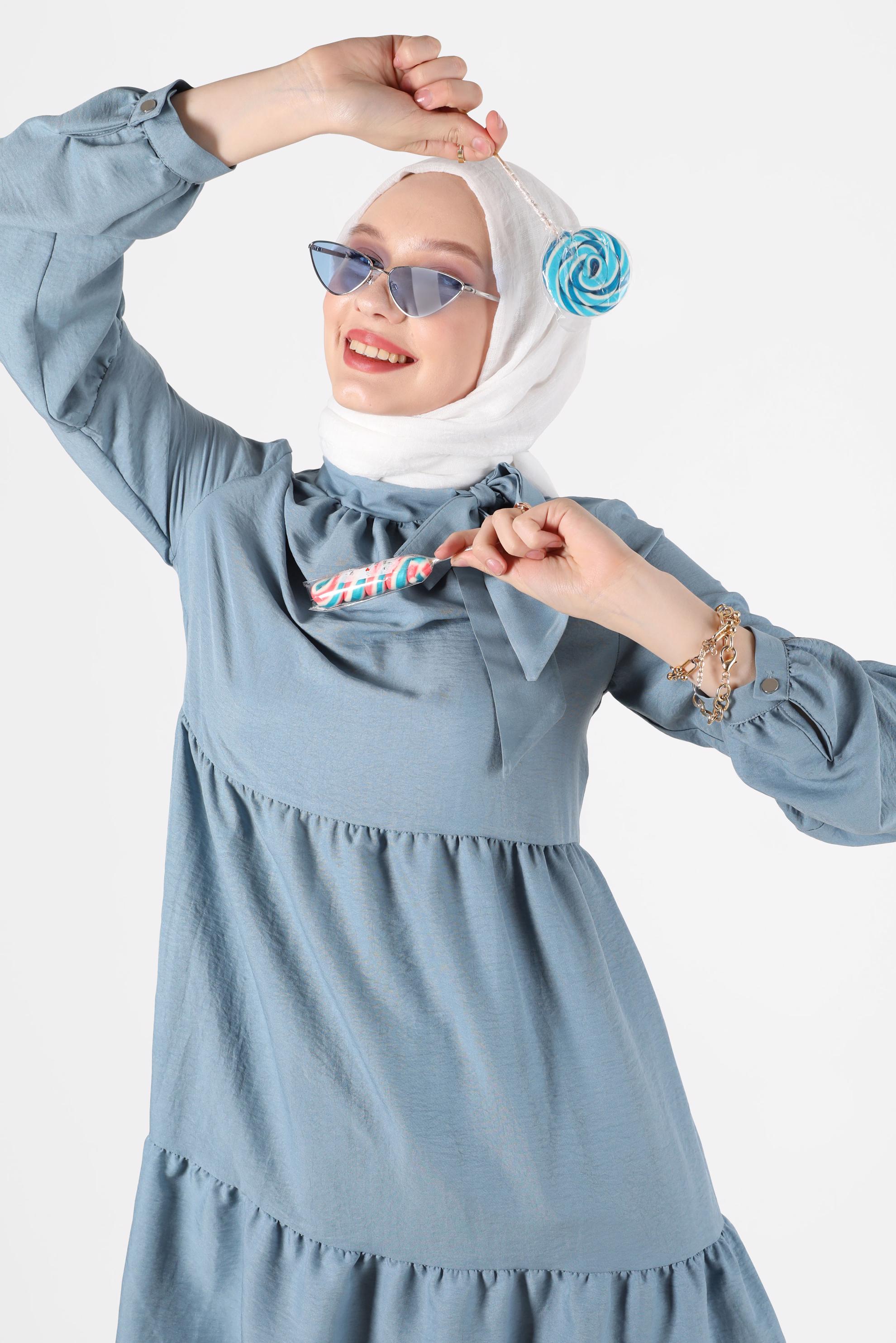 Tesettür giyim MAVİ BAĞLAMA DETAYLI TUNİK 42584 