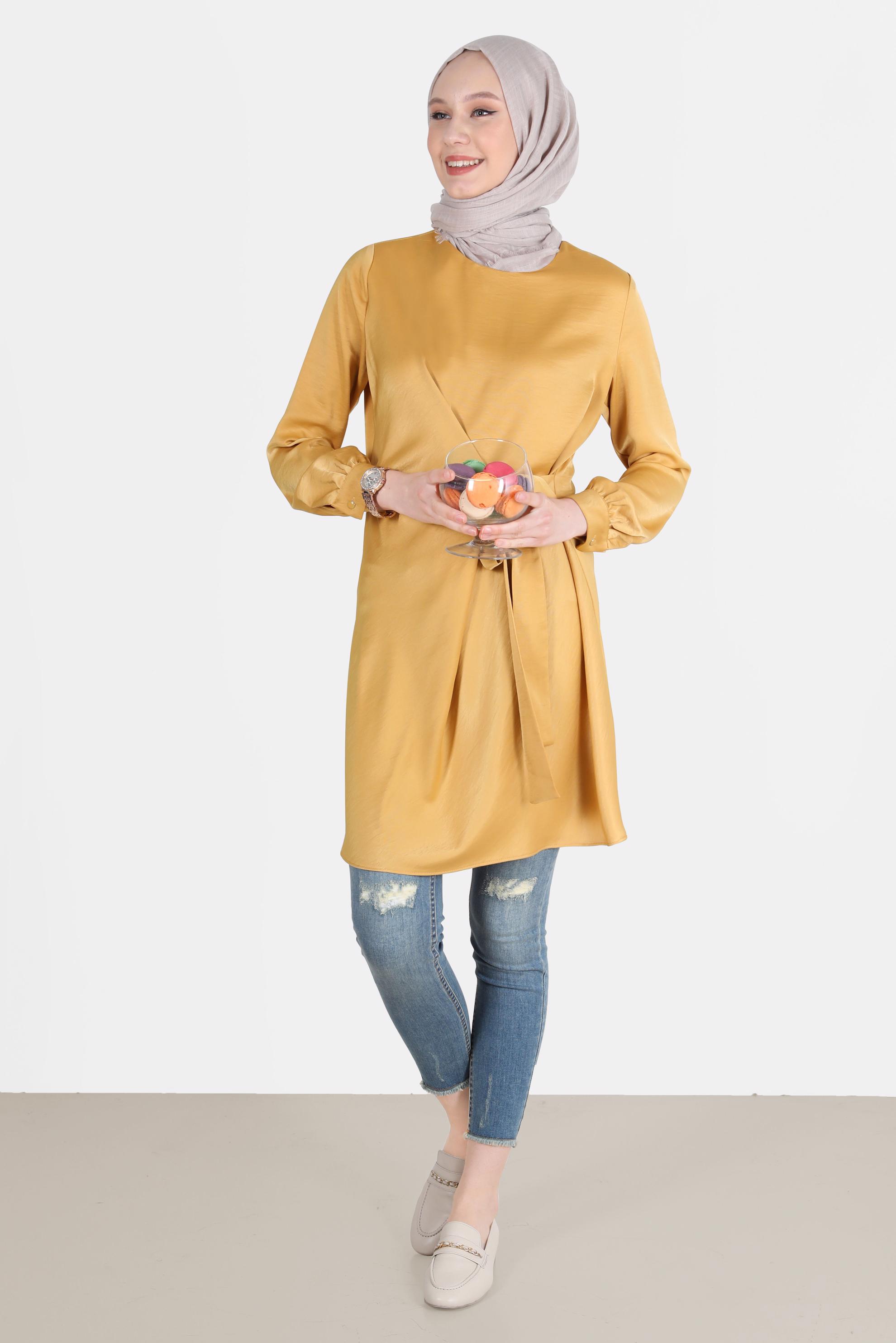 Tesettür giyim SARI BAĞLAMA DETAYLI ARKADAN FERMUARLI TUNİK 42585 