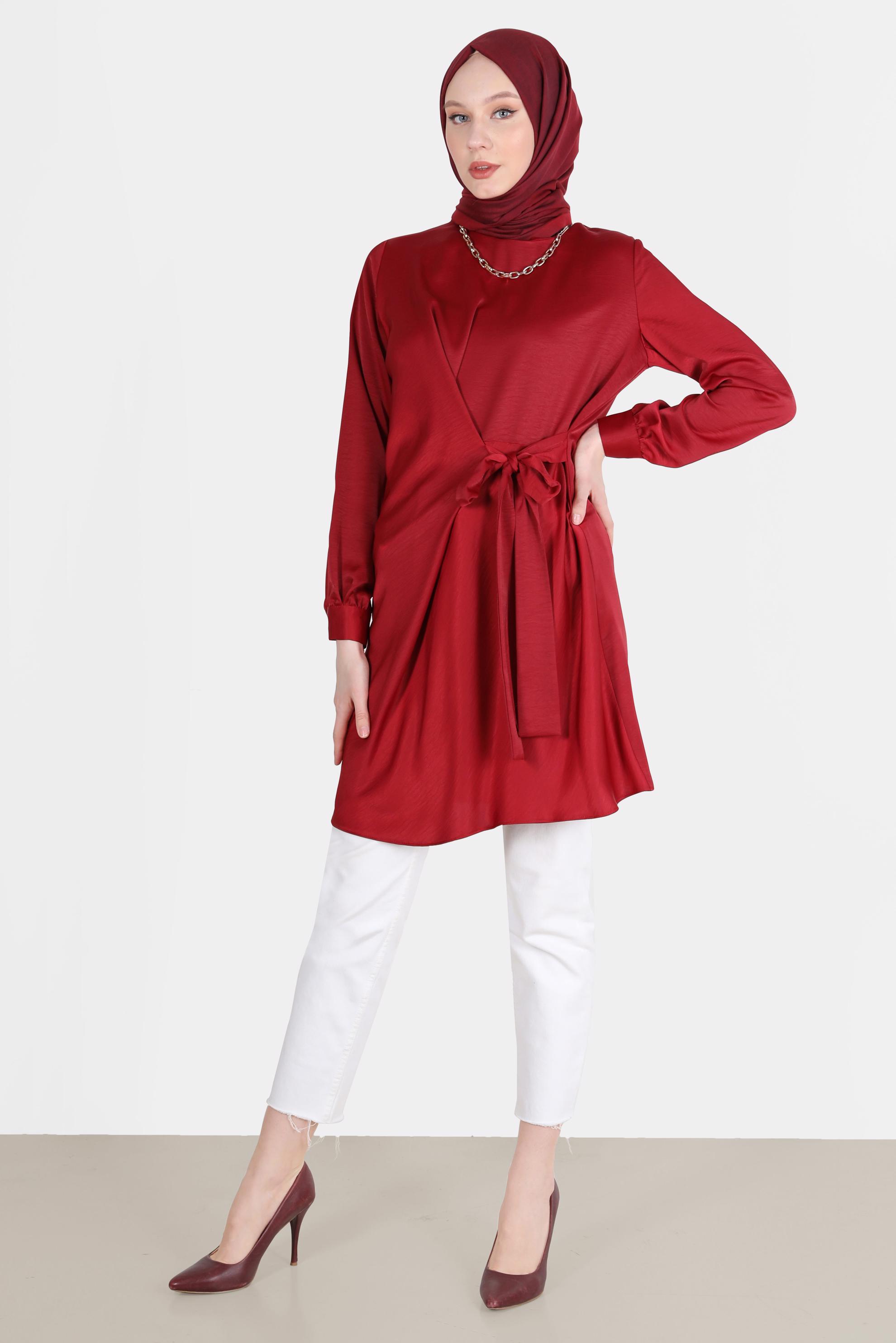 Tesettür giyim BORDO BAĞLAMA DETAYLI ARKADAN FERMUARLI TUNİK 42585 