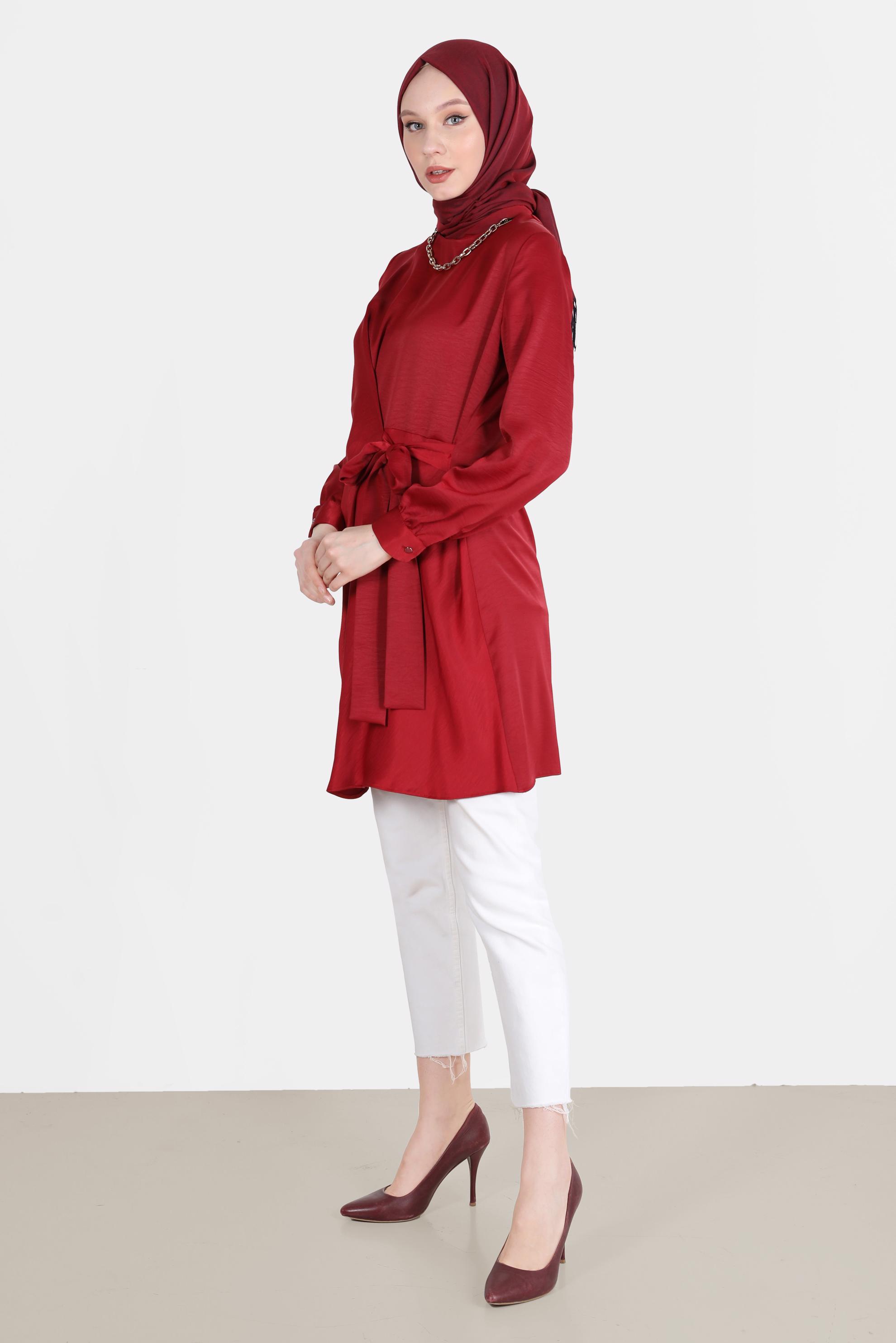 Tesettür giyim BORDO BAĞLAMA DETAYLI ARKADAN FERMUARLI TUNİK 42585 