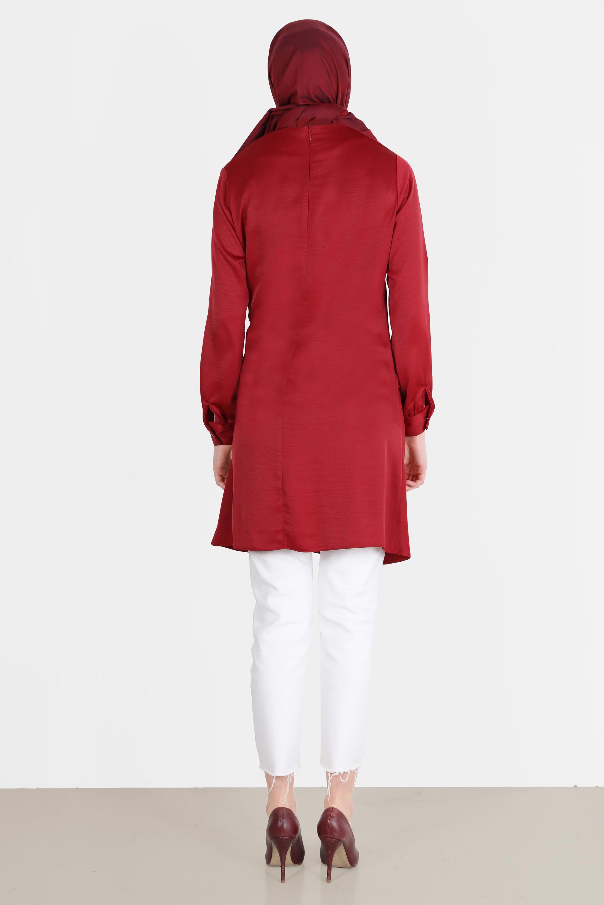 Tesettür giyim BORDO BAĞLAMA DETAYLI ARKADAN FERMUARLI TUNİK 42585 