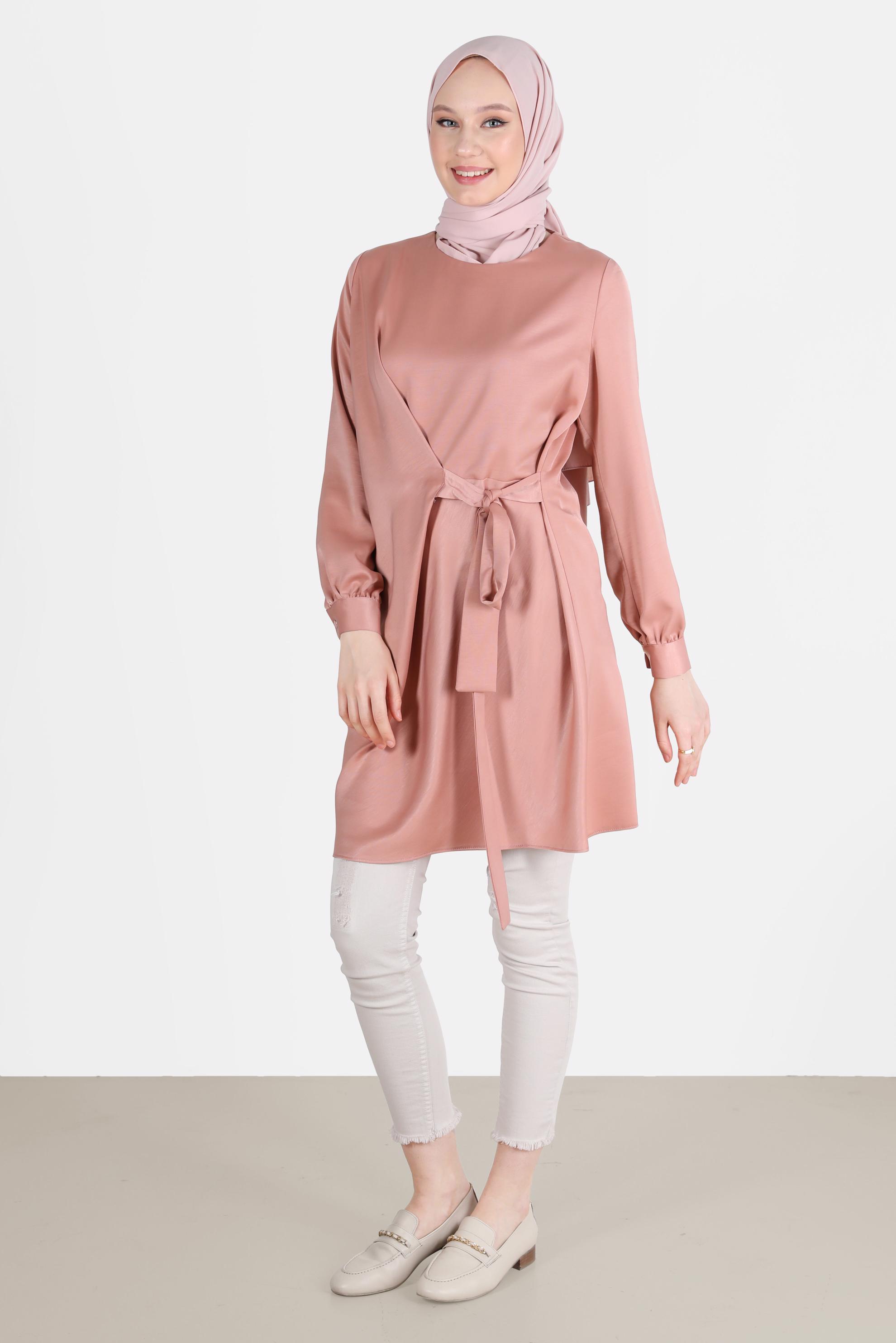 Tesettür giyim PUDRA BAĞLAMA DETAYLI ARKADAN FERMUARLI TUNİK 42585 