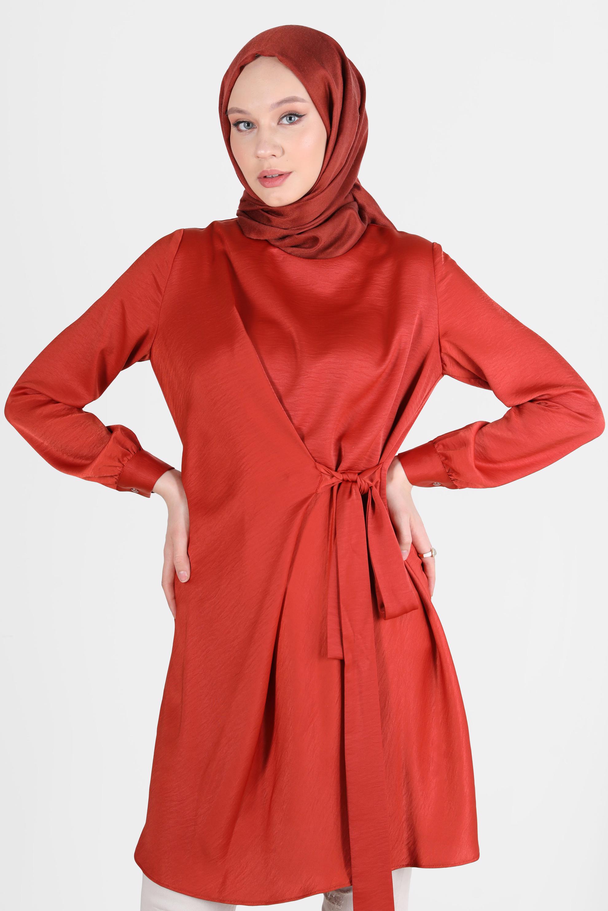 Tesettür giyim KAHVE BAĞLAMA DETAYLI ARKADAN FERMUARLI TUNİK 42585 