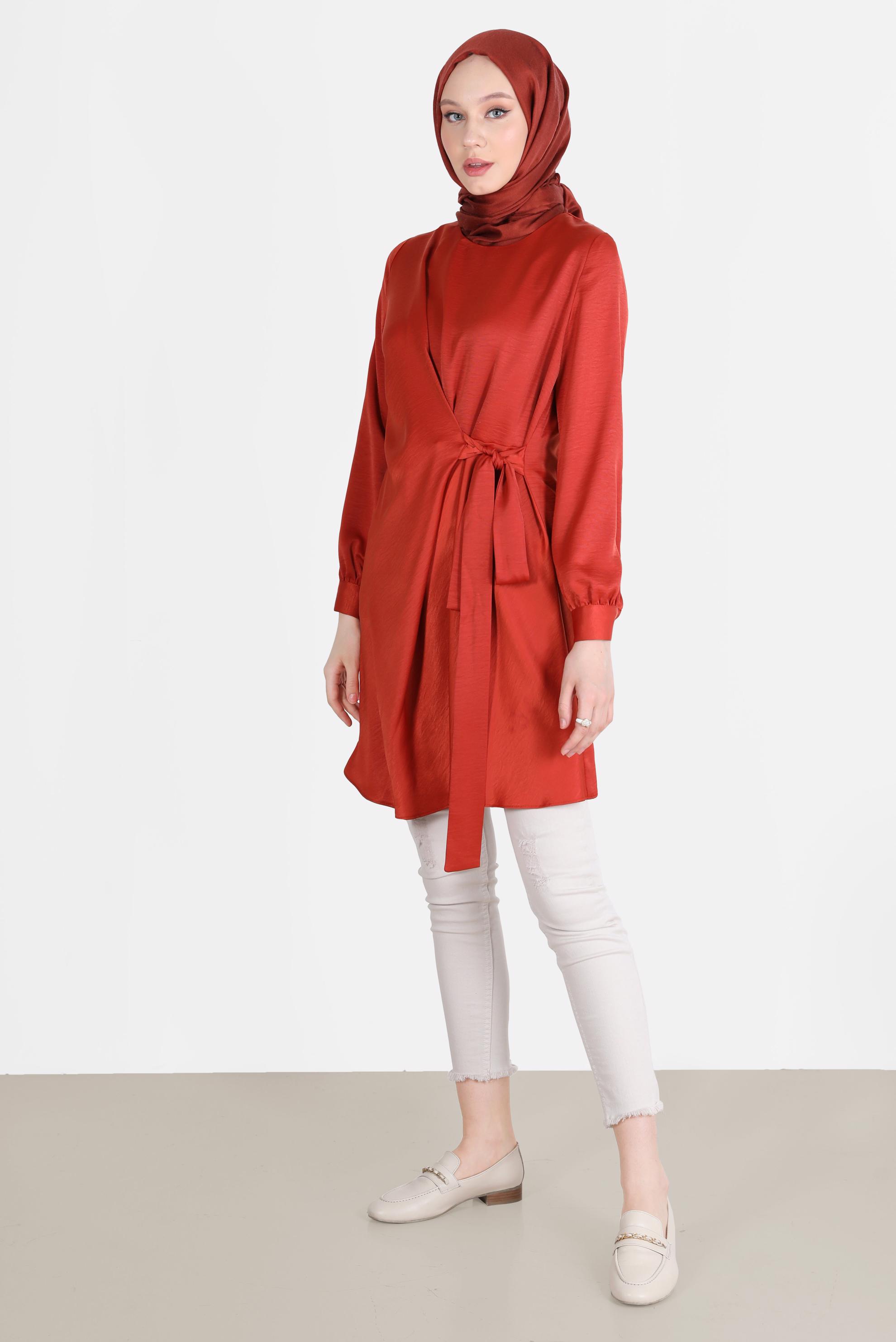 Tesettür giyim KAHVE BAĞLAMA DETAYLI ARKADAN FERMUARLI TUNİK 42585 