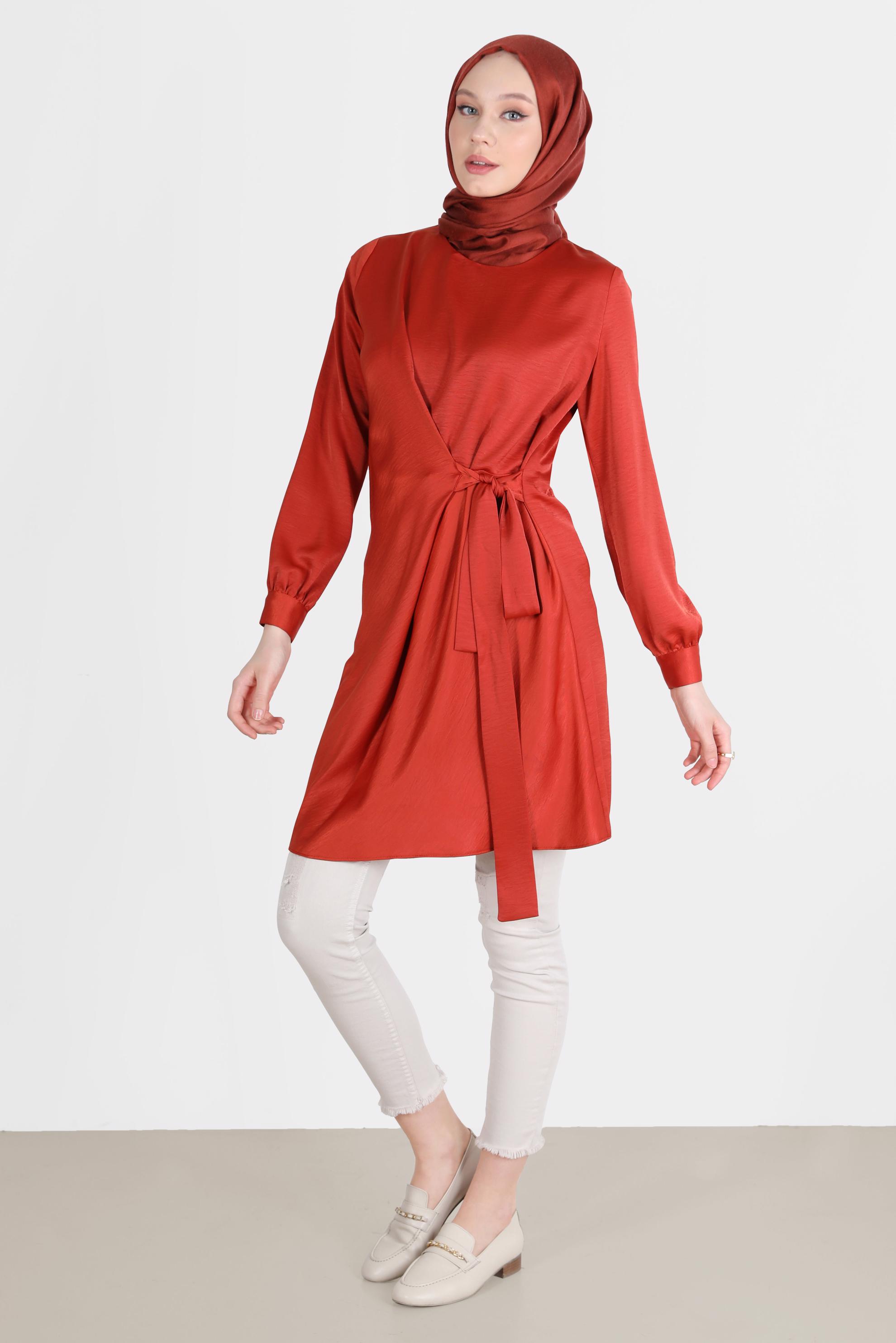 Tesettür giyim KAHVE BAĞLAMA DETAYLI ARKADAN FERMUARLI TUNİK 42585 