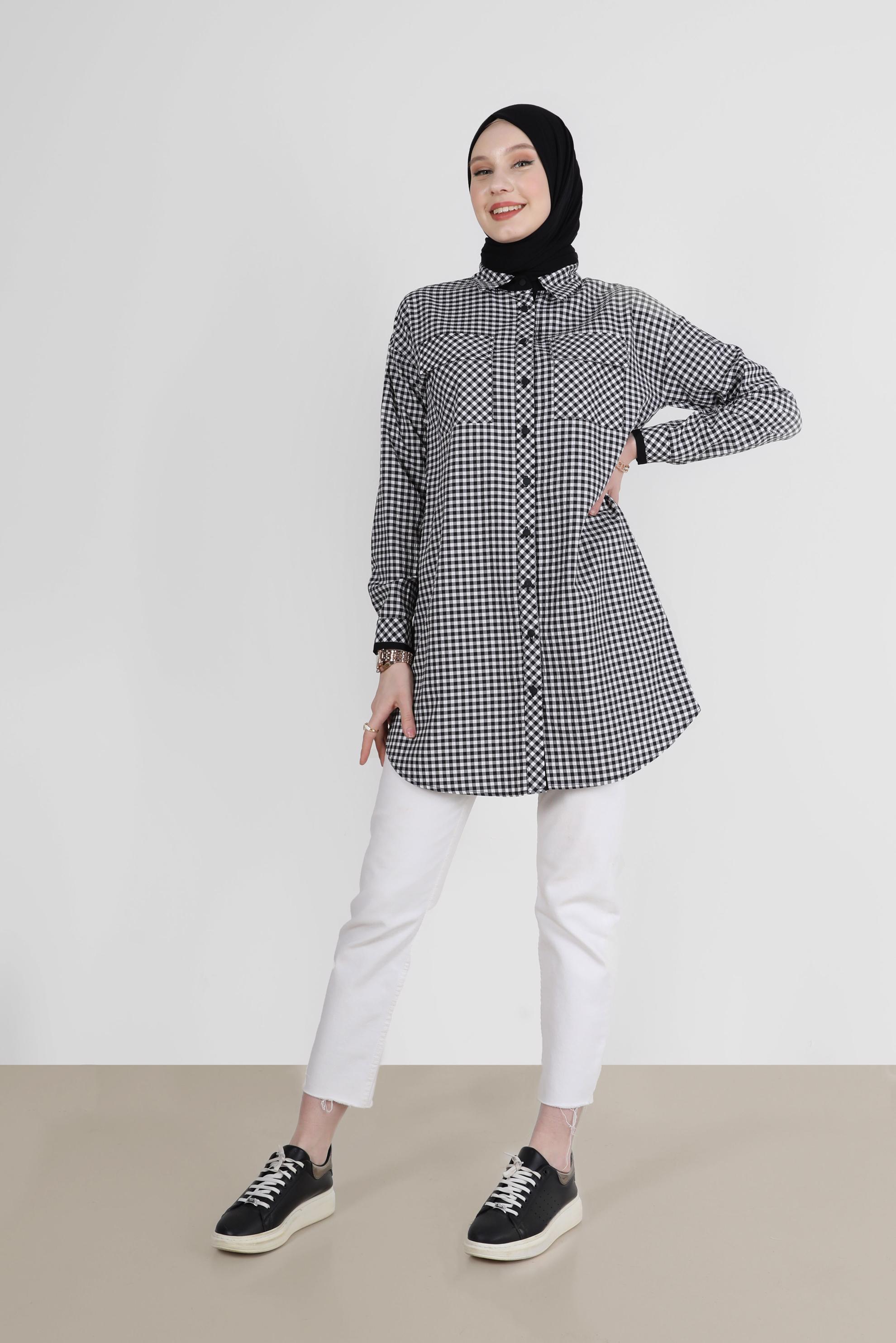 Tesettür giyim SİYAH DÜĞMELİ PÖTİKARE TUNİK 42586 