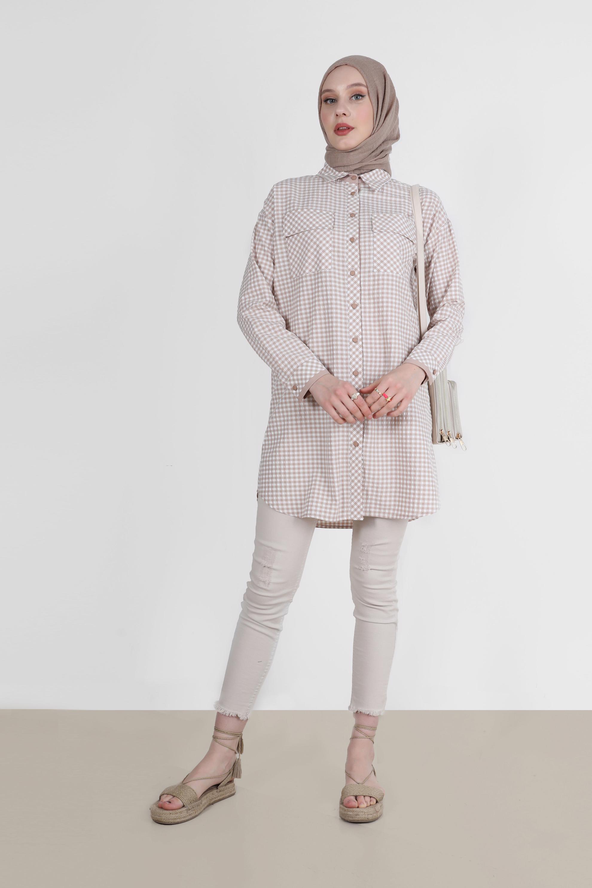 Tesettür giyim BEJ DÜĞMELİ PÖTİKARE TUNİK 42586 