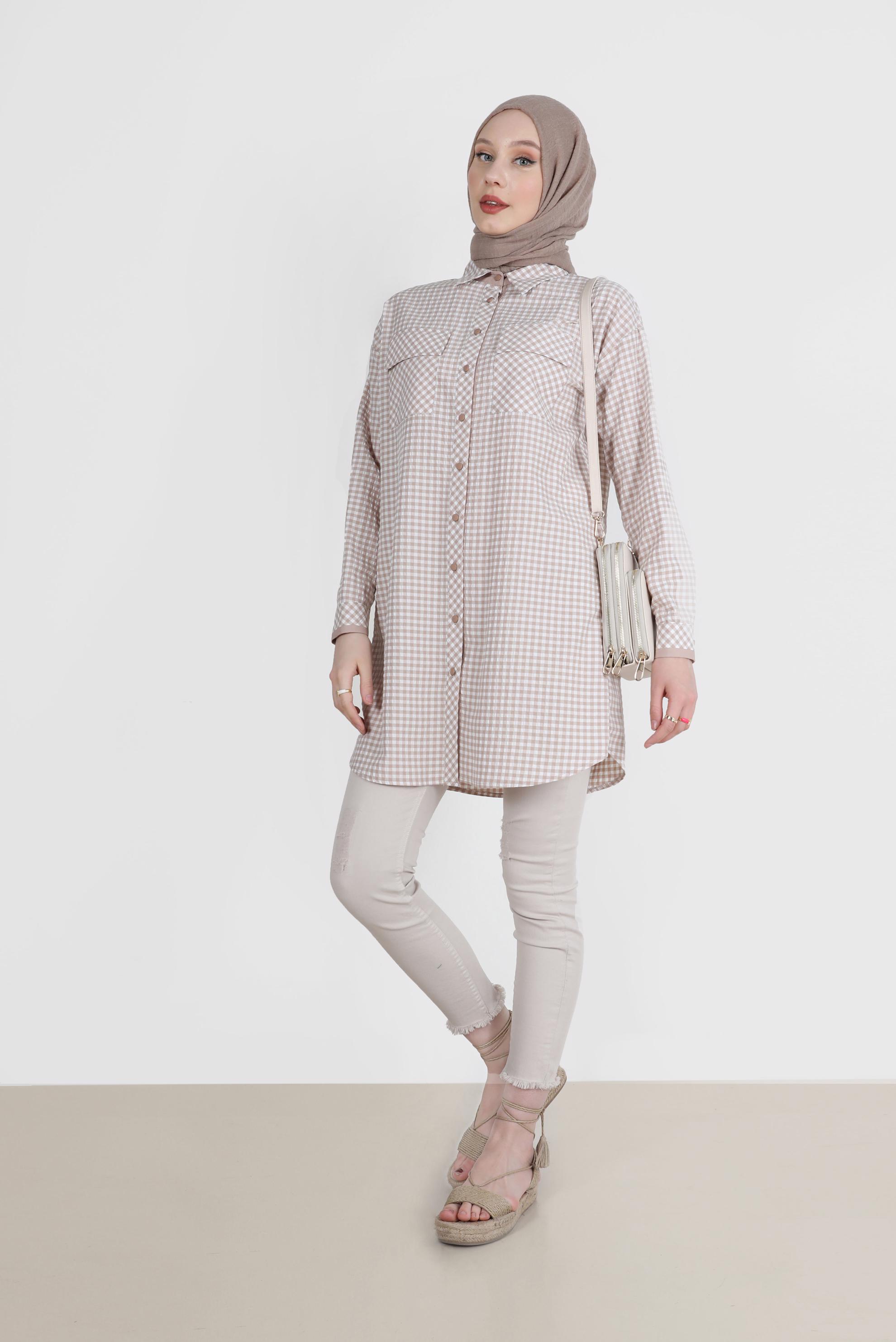 Tesettür giyim BEJ DÜĞMELİ PÖTİKARE TUNİK 42586 