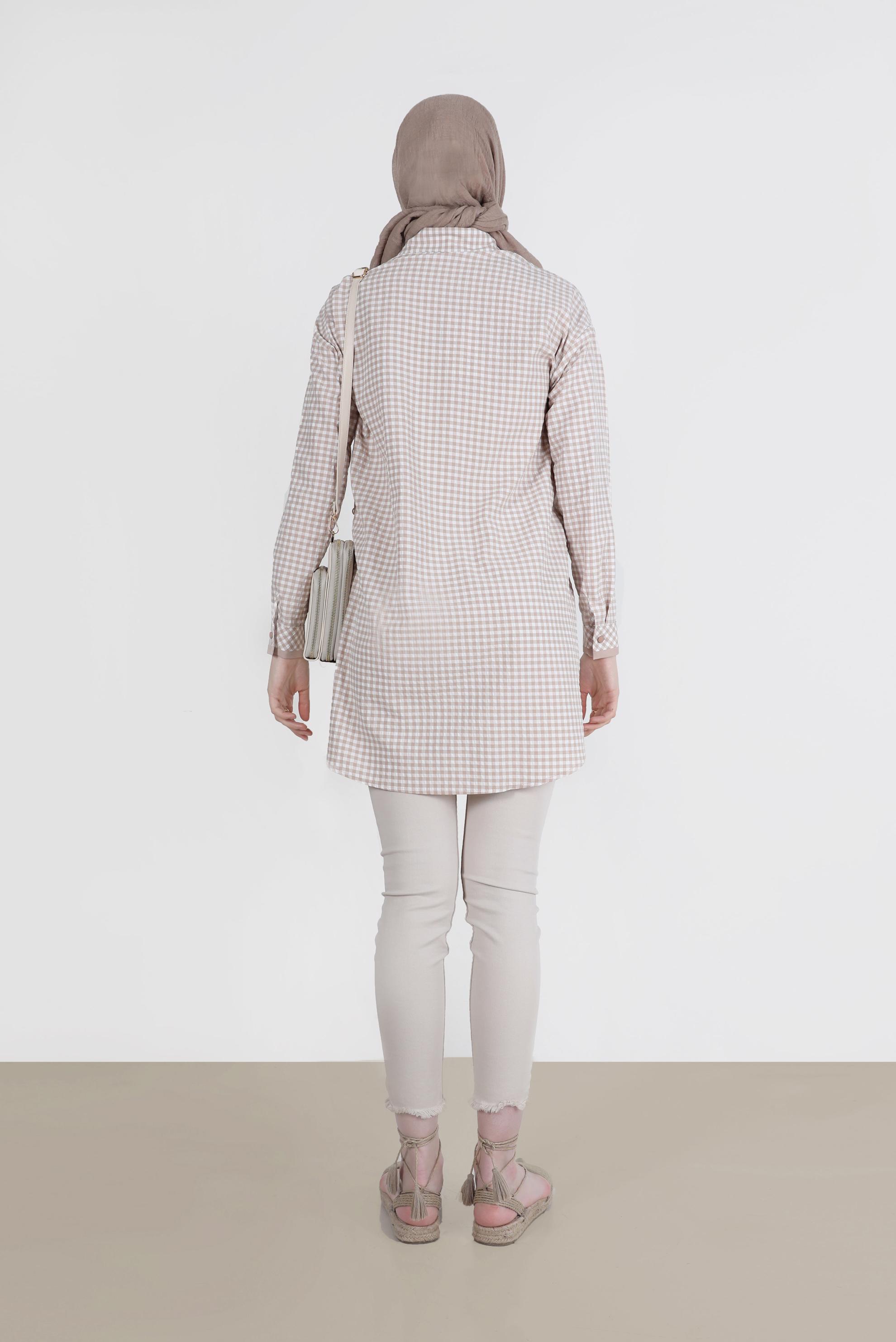 Tesettür giyim BEJ DÜĞMELİ PÖTİKARE TUNİK 42586 