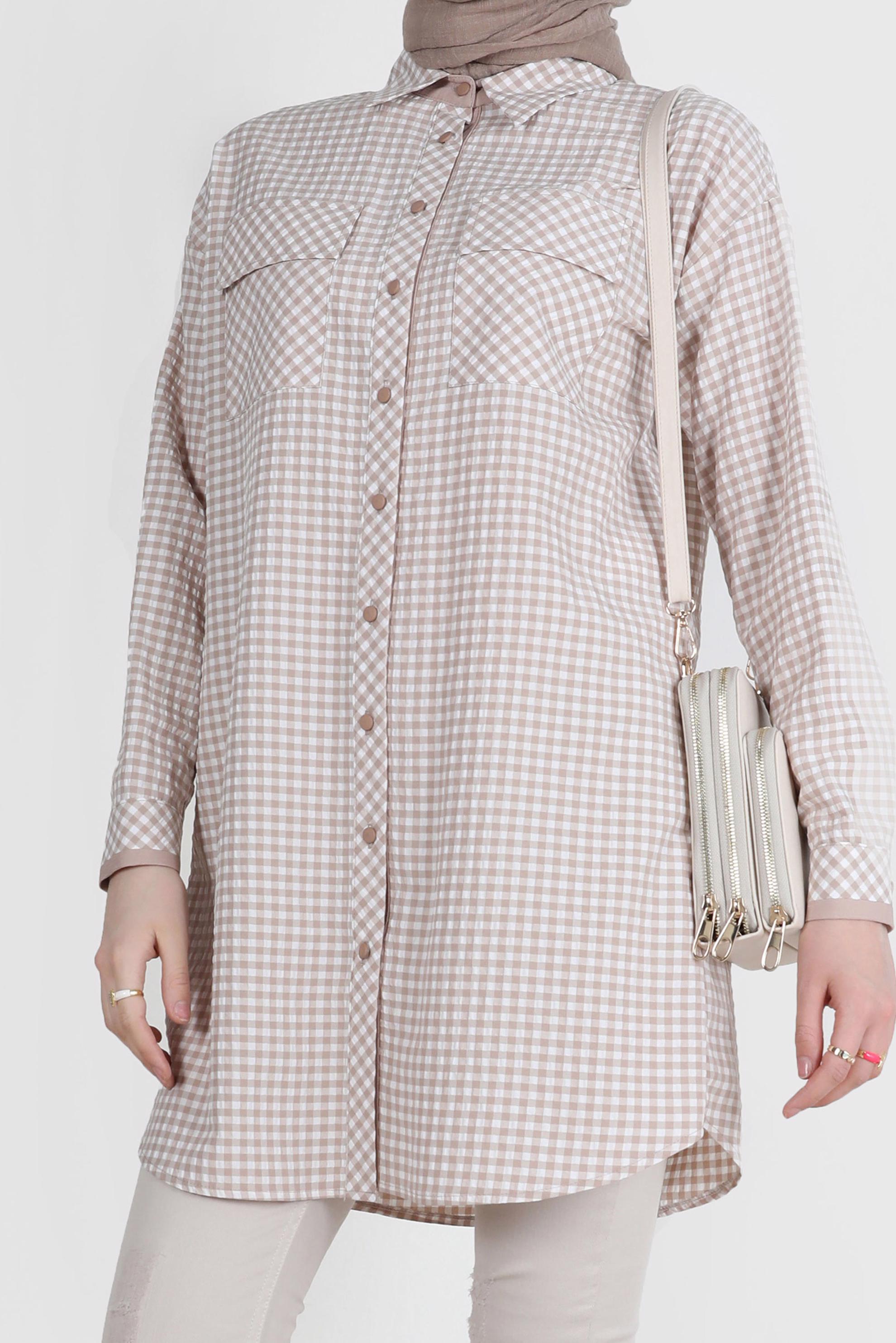 Tesettür giyim BEJ DÜĞMELİ PÖTİKARE TUNİK 42586 