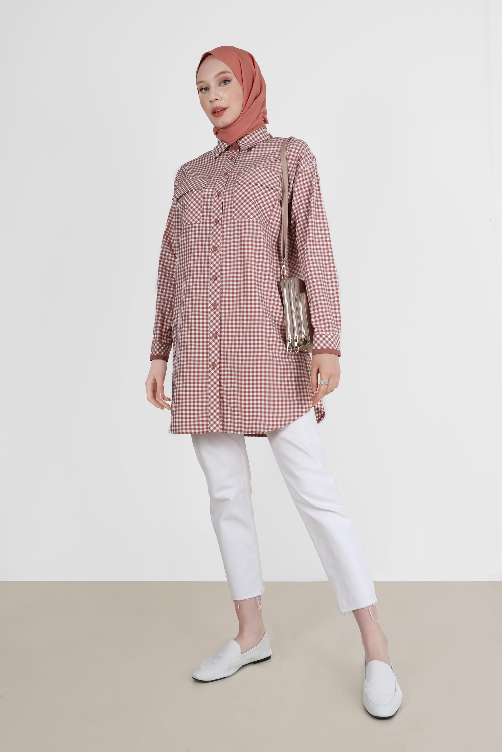 Tesettür giyim TURUNCU DÜĞMELİ PÖTİKARE TUNİK 42586 