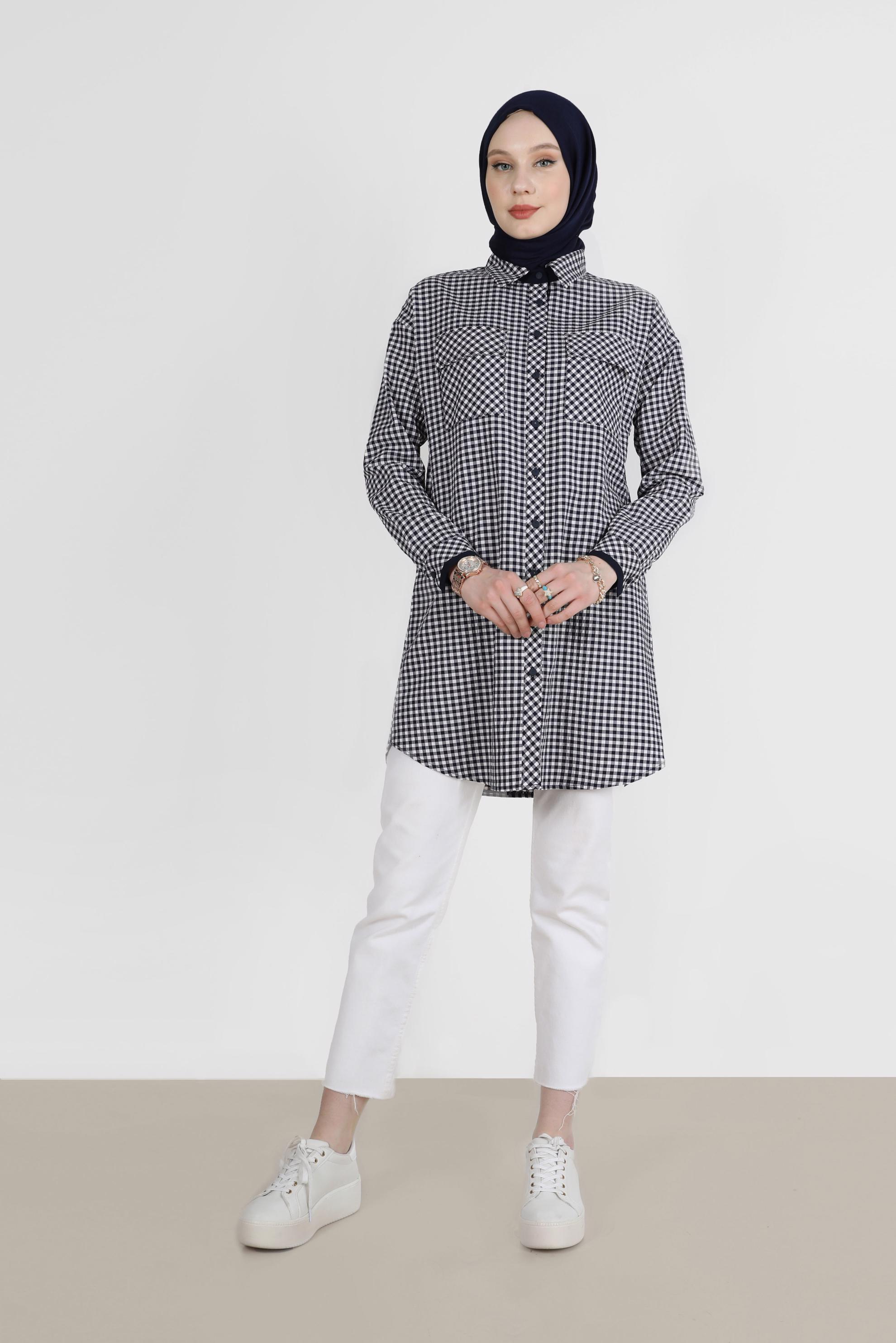 Tesettür giyim LACİVERT DÜĞMELİ PÖTİKARE TUNİK 42586 