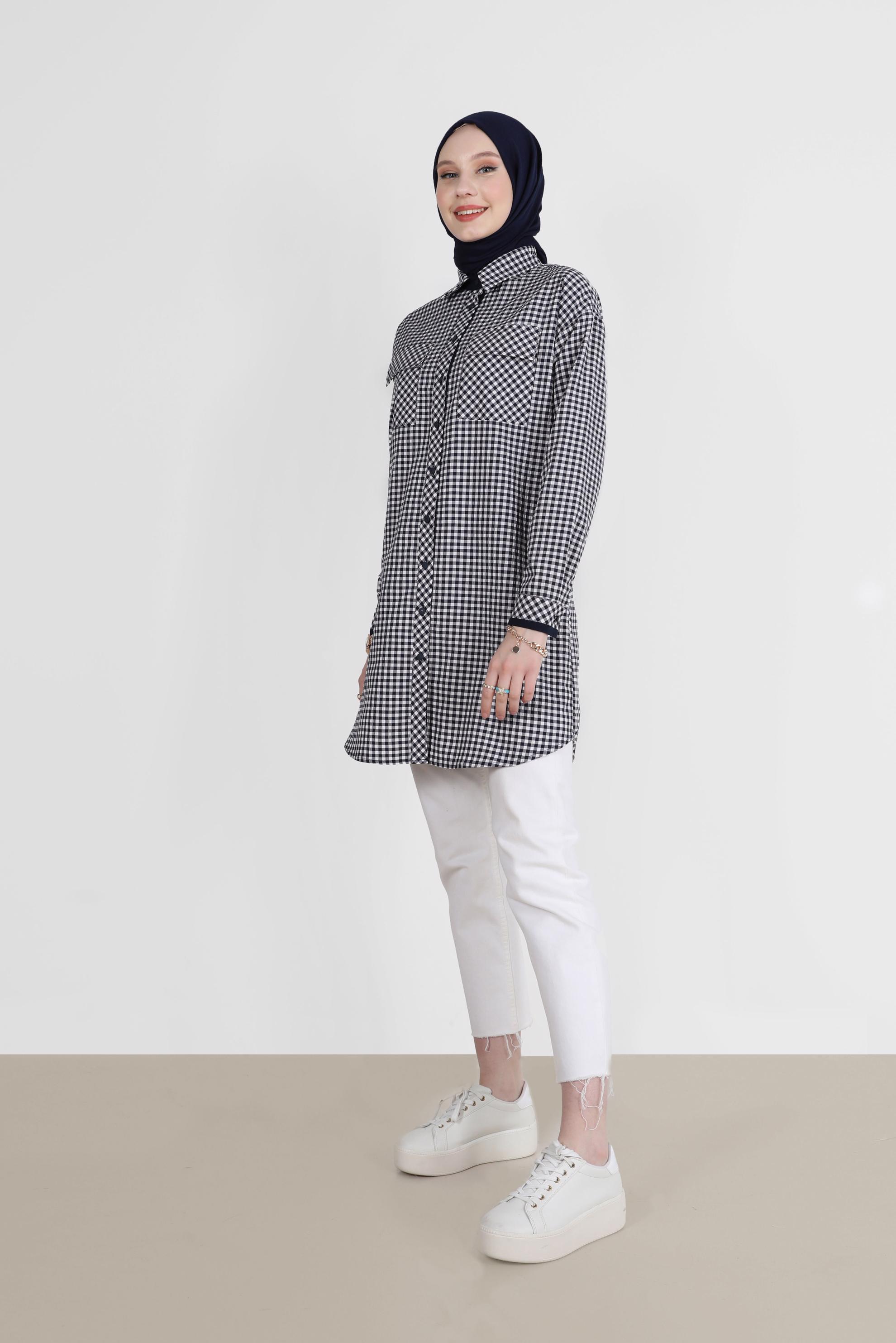 Tesettür giyim LACİVERT DÜĞMELİ PÖTİKARE TUNİK 42586 