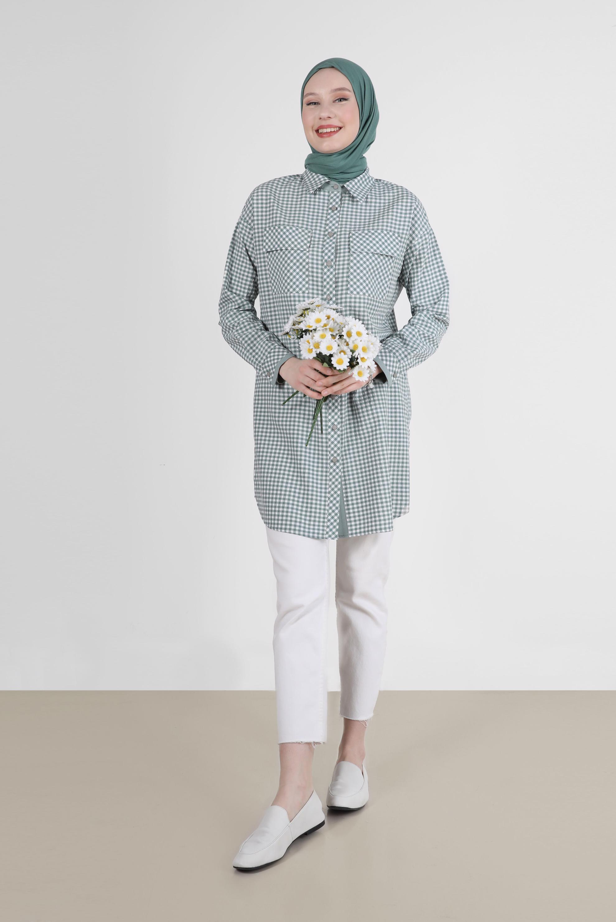 Tesettür giyim YEŞİL DÜĞMELİ PÖTİKARE TUNİK 42586 