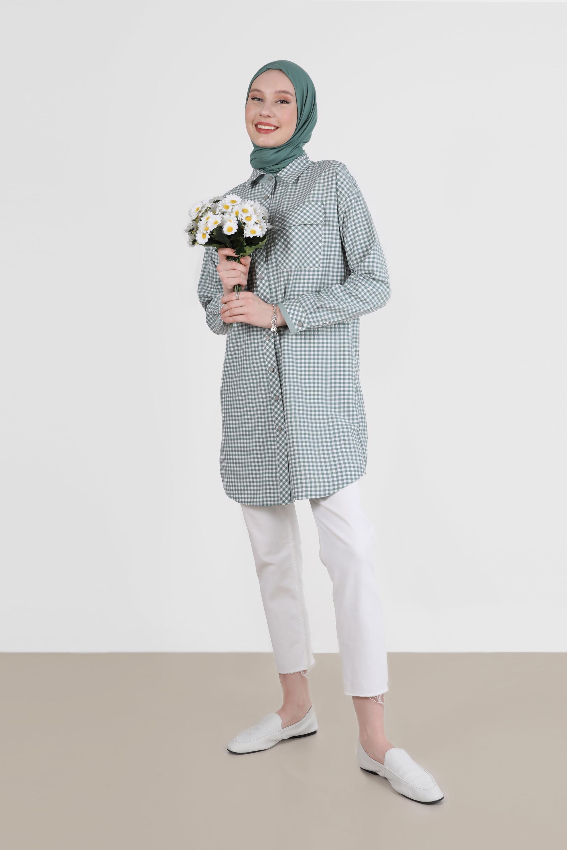 Tesettür giyim YEŞİL DÜĞMELİ PÖTİKARE TUNİK 42586 