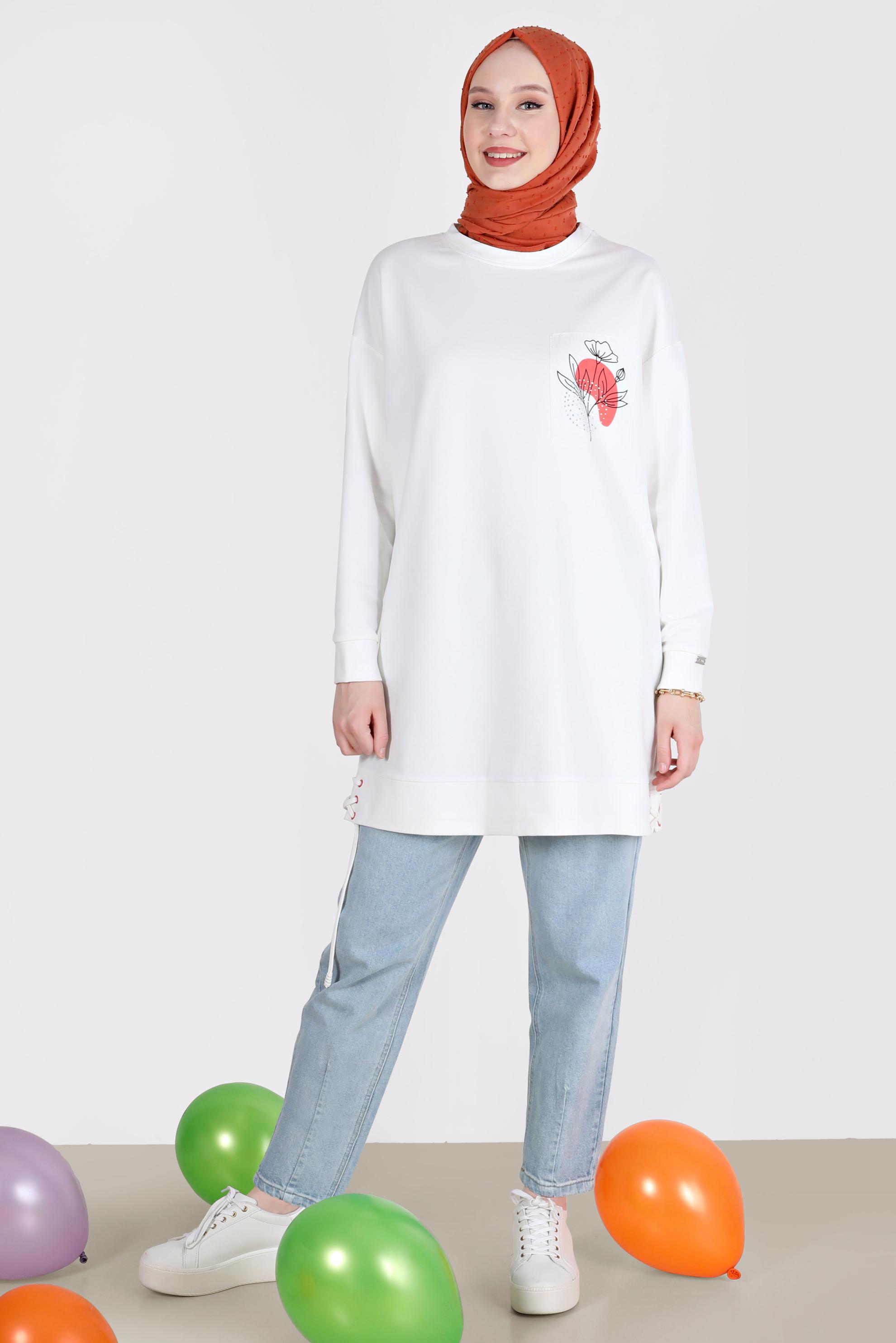 Tesettür giyim BEYAZ KUŞGÖZÜ DETAYLI BASKILI TUNİK 42597 
