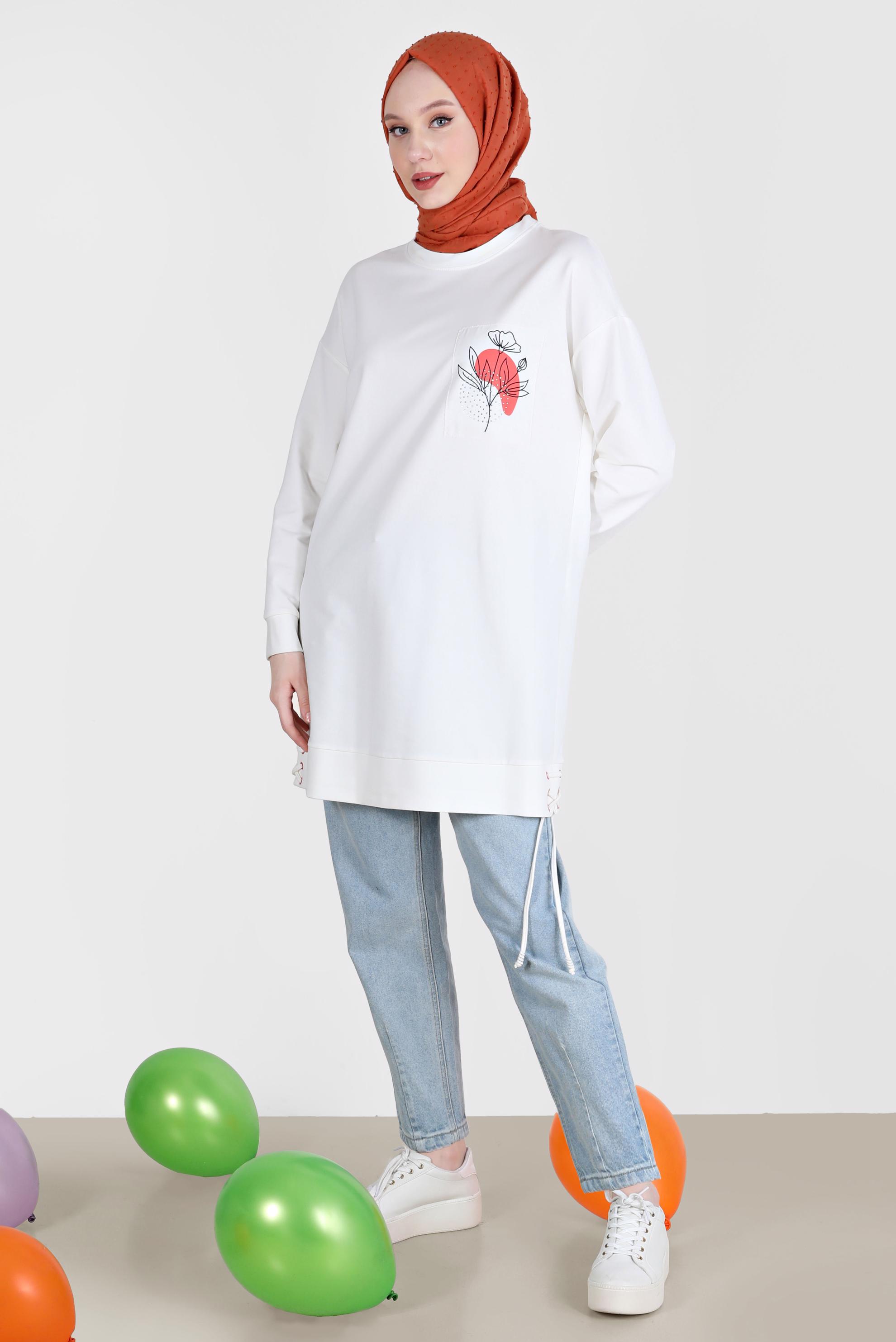 Tesettür giyim BEYAZ KUŞGÖZÜ DETAYLI BASKILI TUNİK 42597 