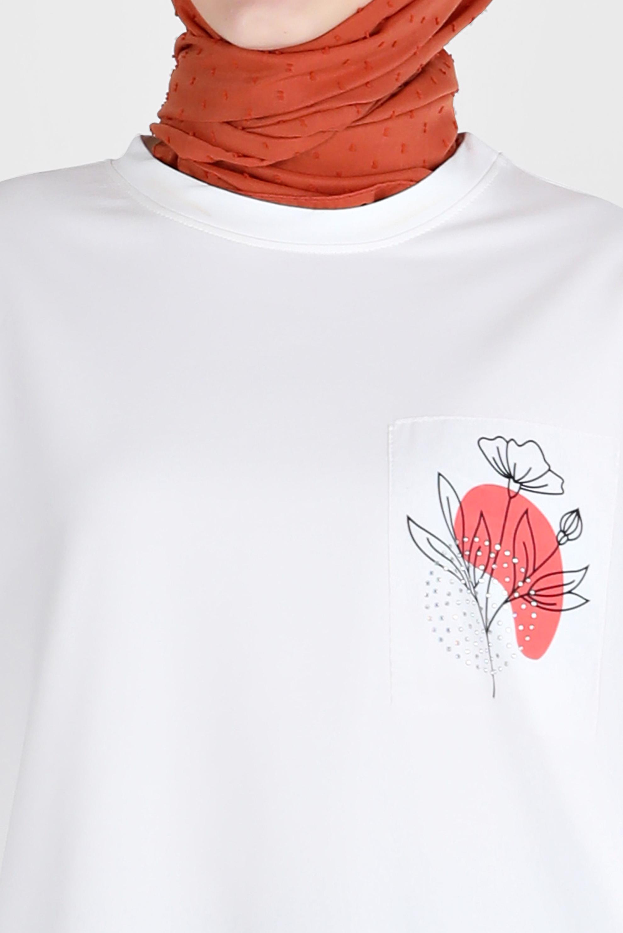 Tesettür giyim BEYAZ KUŞGÖZÜ DETAYLI BASKILI TUNİK 42597 