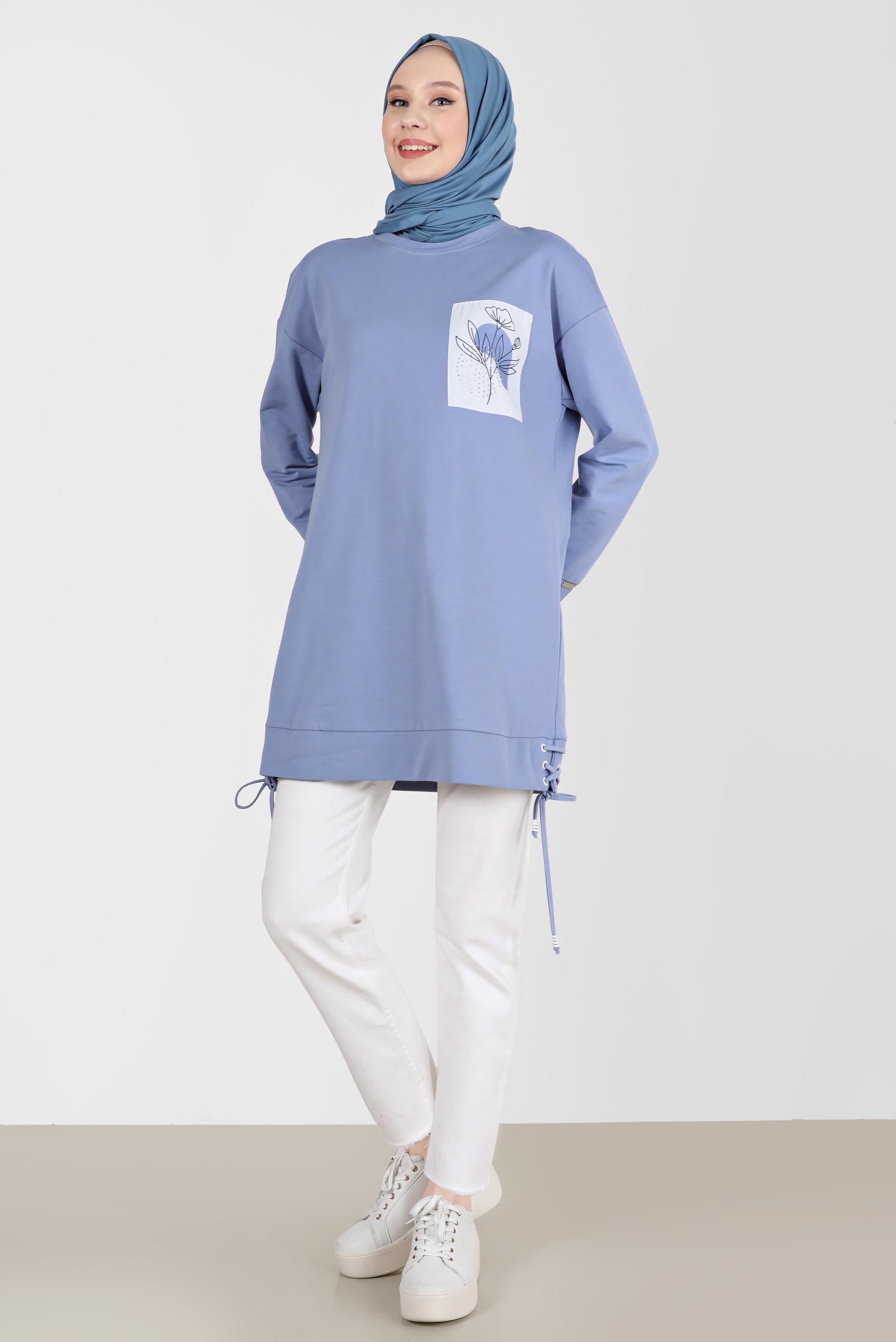 Tesettür giyim MAVİ KUŞGÖZÜ DETAYLI BASKILI TUNİK 42597 