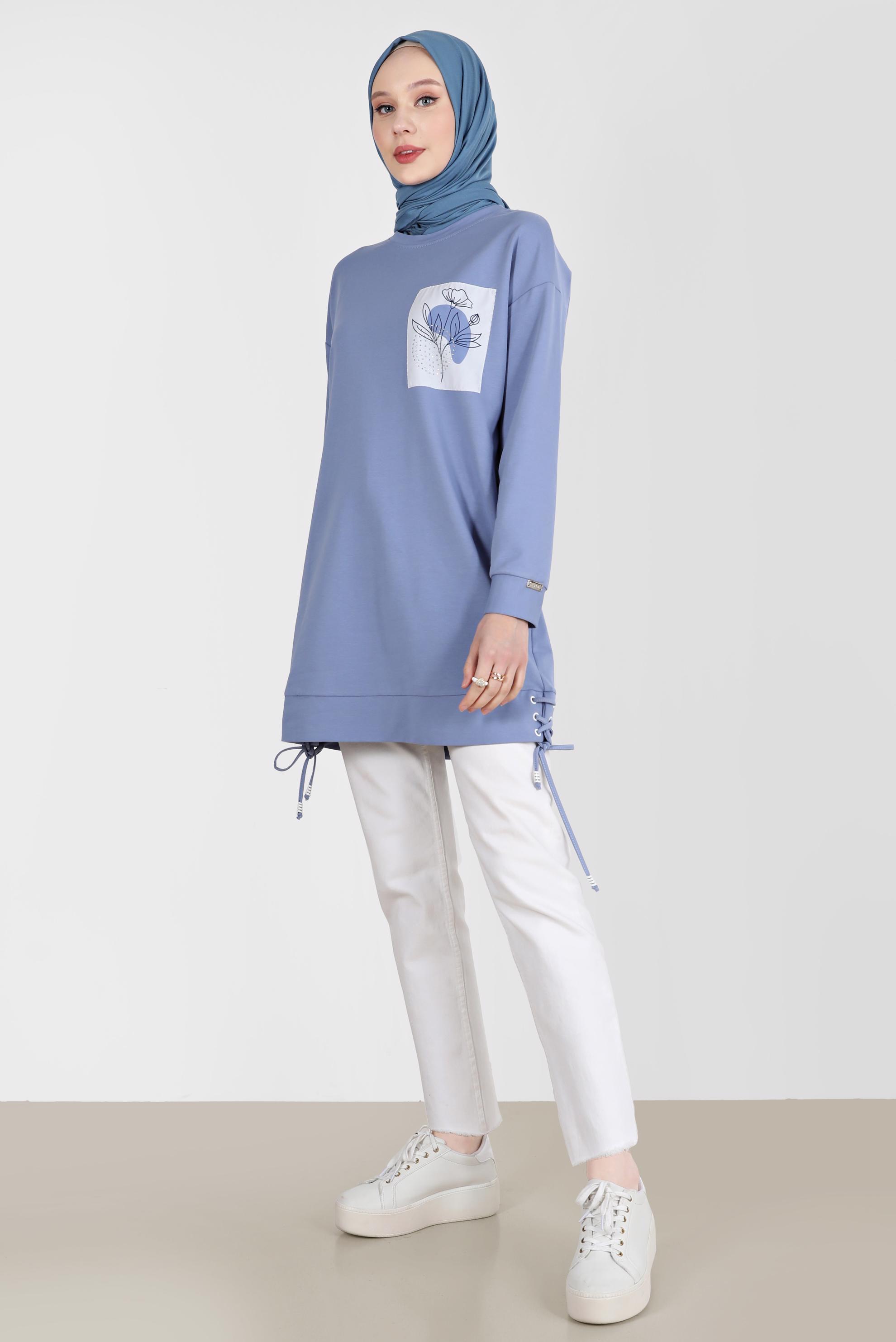 Tesettür giyim MAVİ KUŞGÖZÜ DETAYLI BASKILI TUNİK 42597 