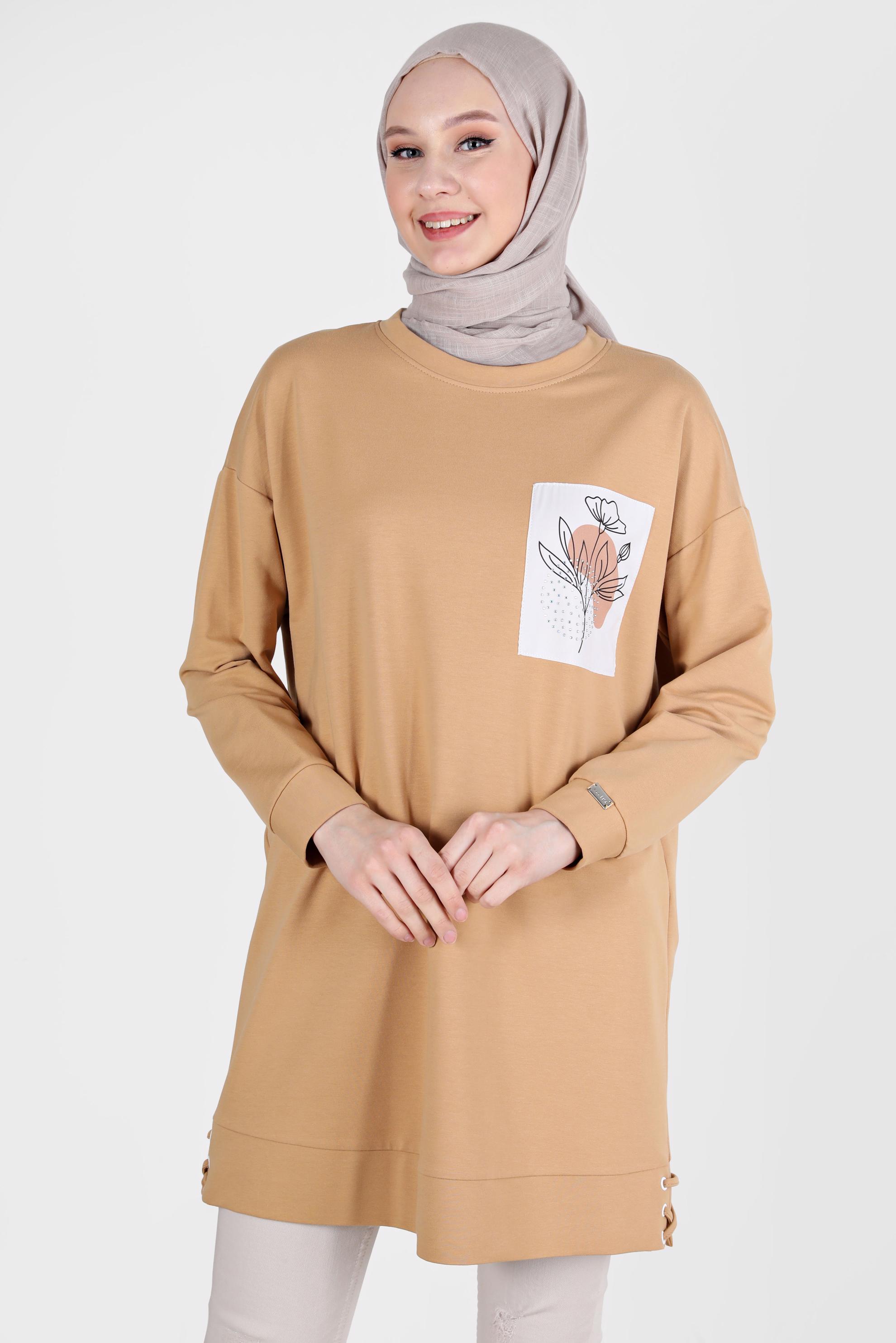 Tesettür giyim KAHVE KUŞGÖZÜ DETAYLI BASKILI TUNİK 42597 