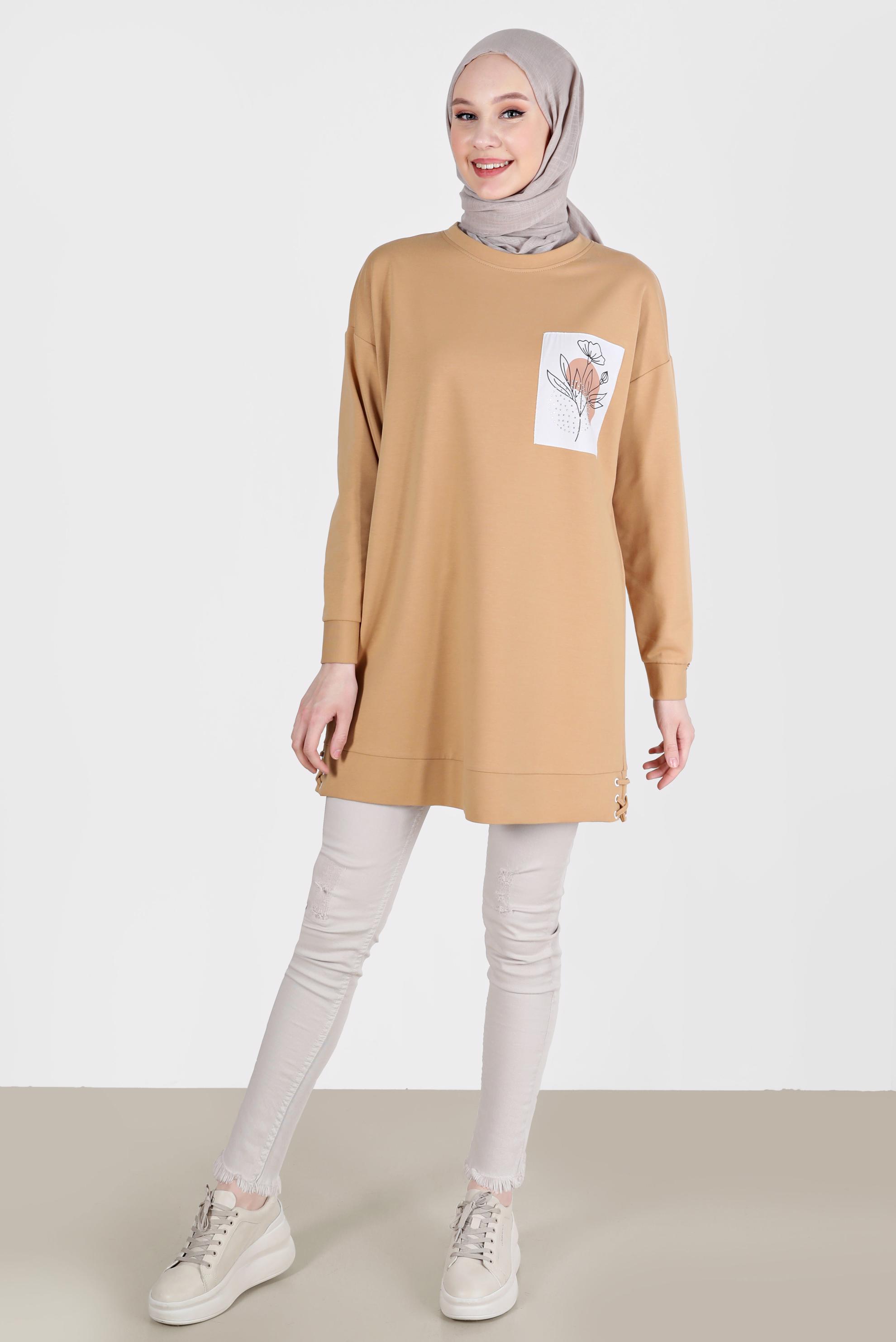 Tesettür giyim KAHVE KUŞGÖZÜ DETAYLI BASKILI TUNİK 42597 