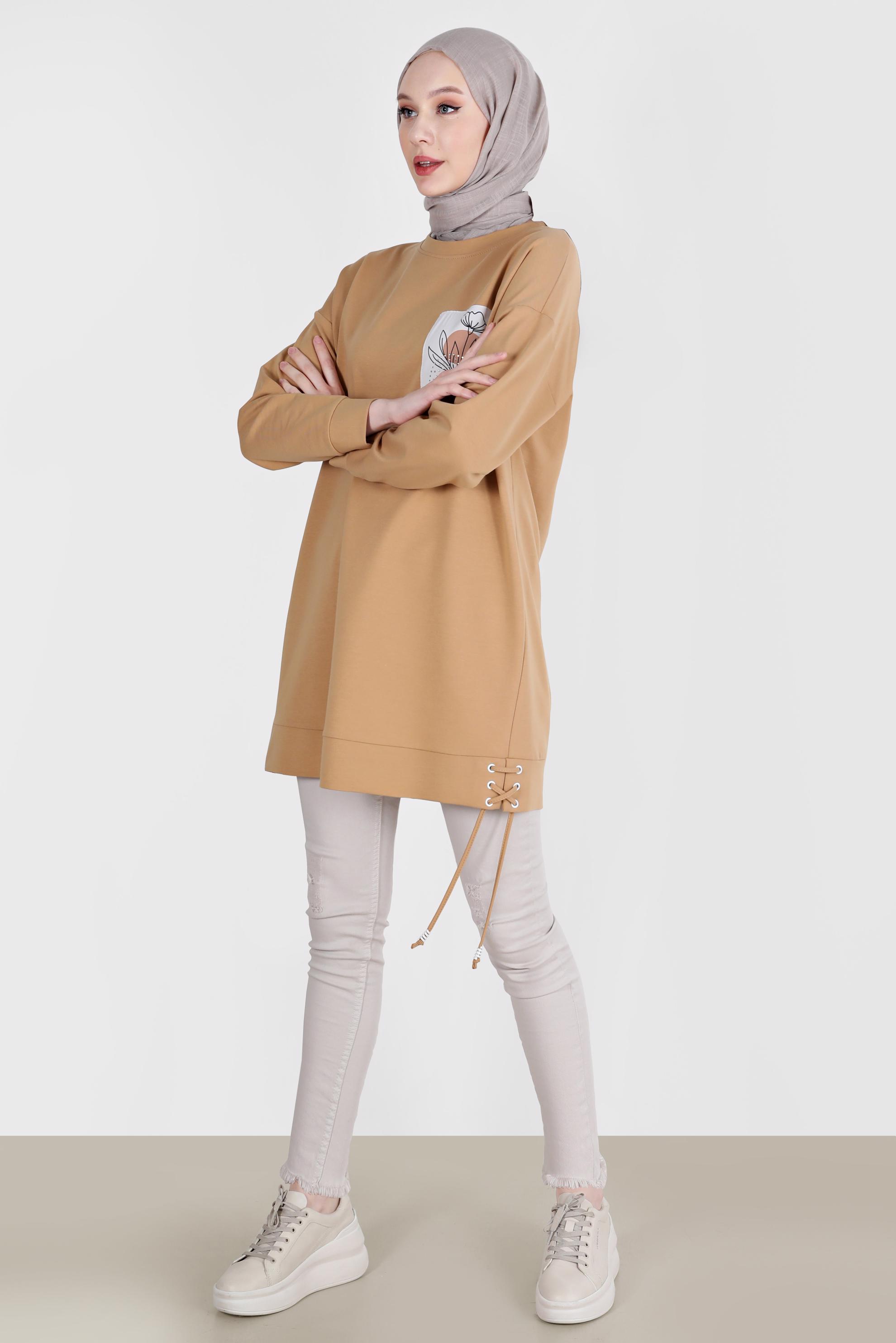 Tesettür giyim KAHVE KUŞGÖZÜ DETAYLI BASKILI TUNİK 42597 