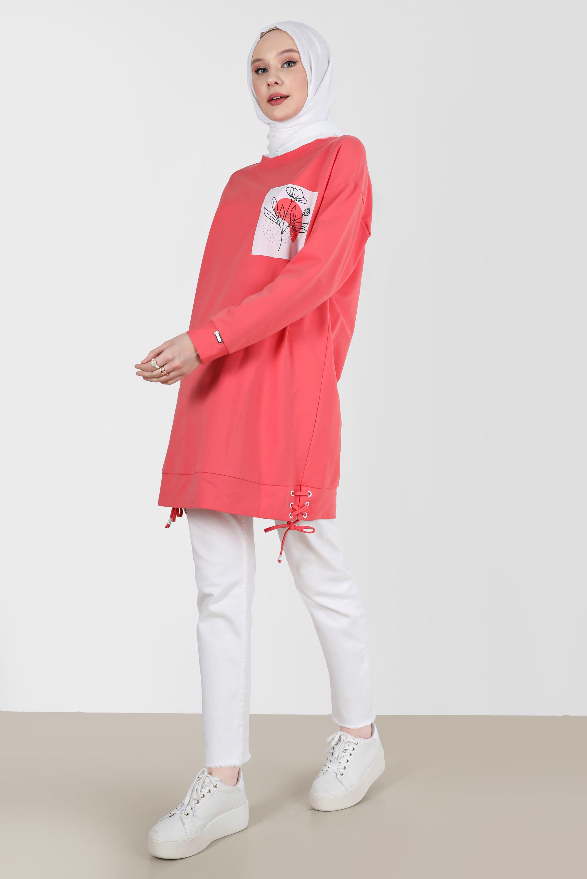 Tesettür giyim MERCAN KUŞGÖZÜ DETAYLI BASKILI TUNİK 42597 