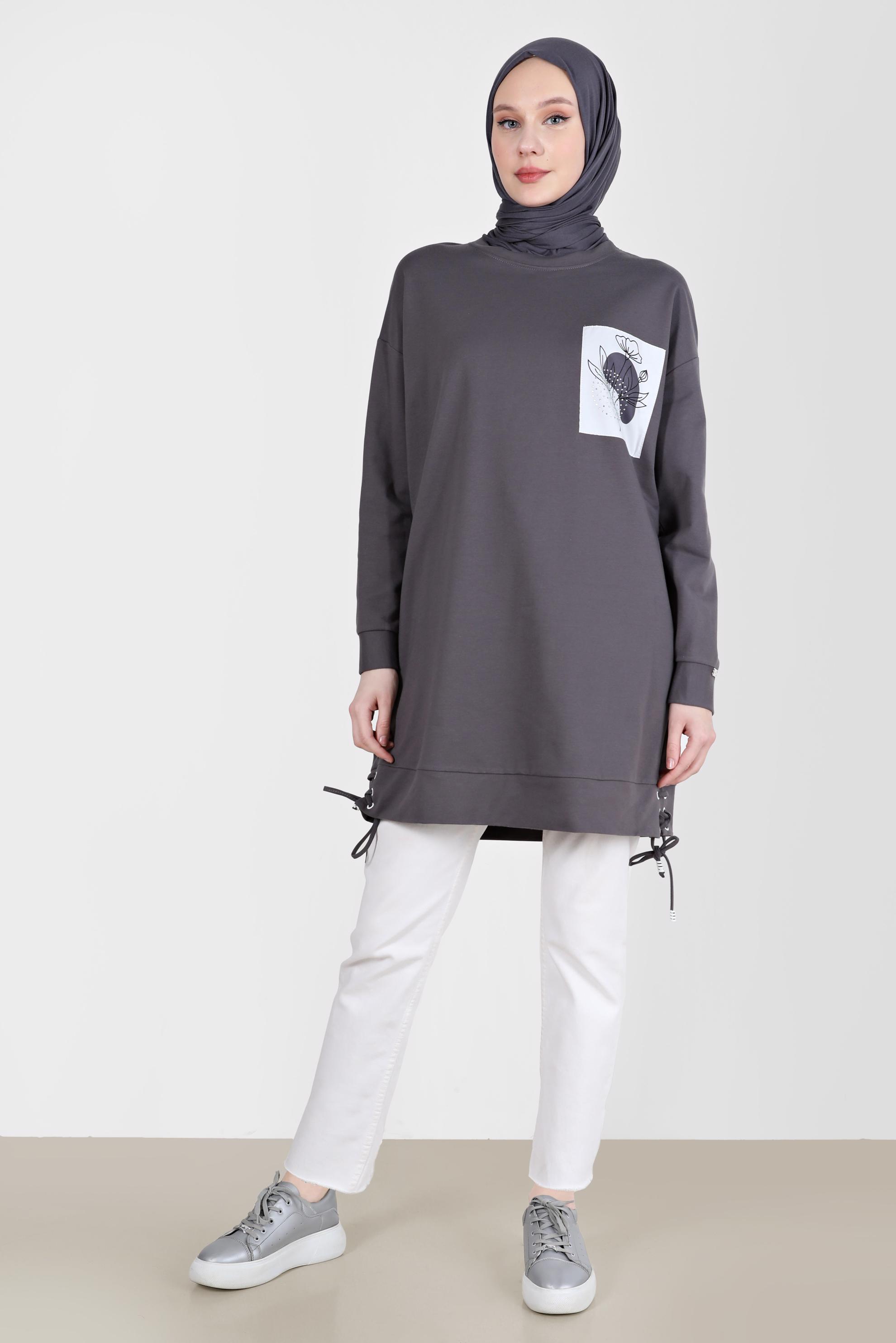 Tesettür giyim GRİ KUŞGÖZÜ DETAYLI BASKILI TUNİK 42597 