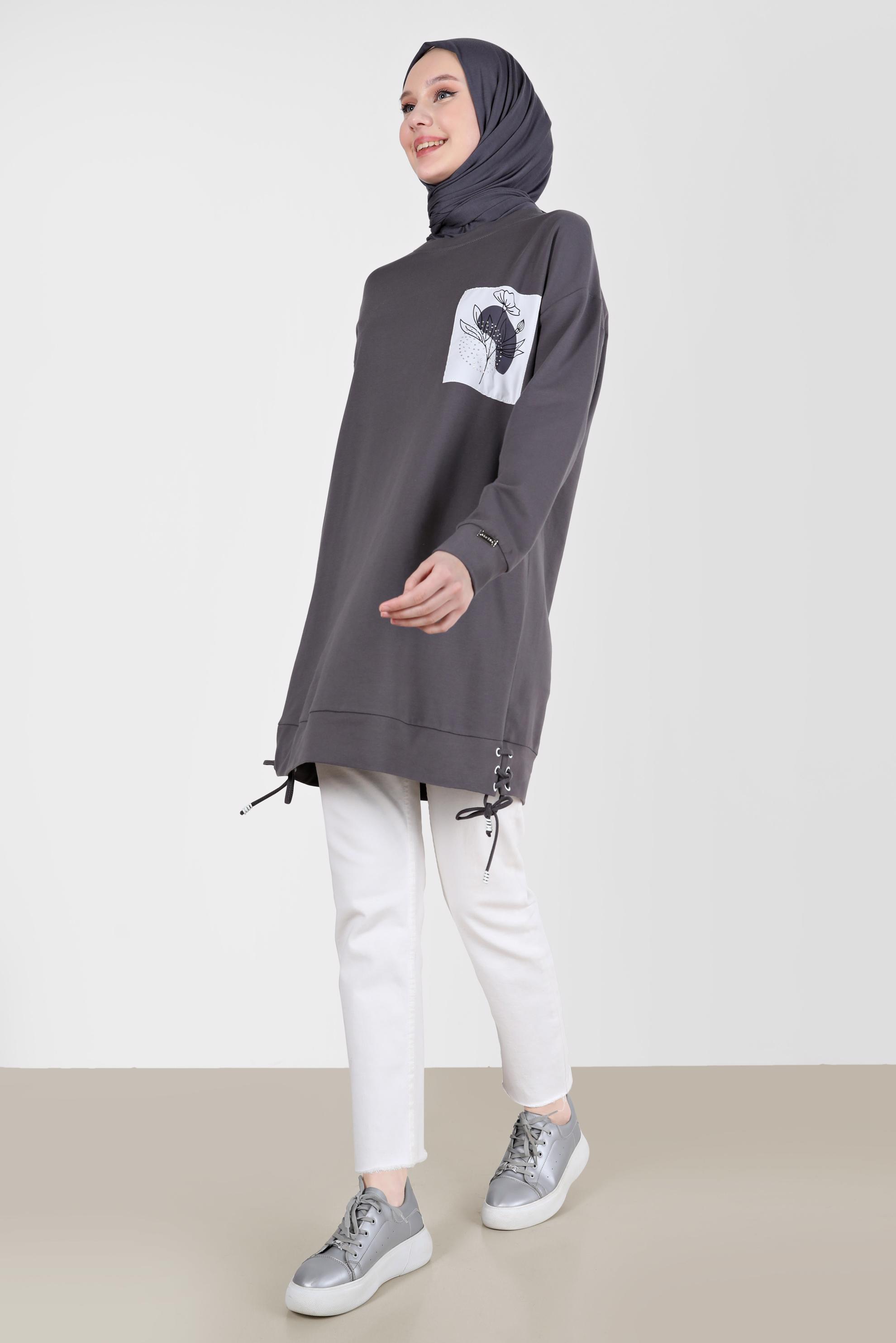 Tesettür giyim GRİ KUŞGÖZÜ DETAYLI BASKILI TUNİK 42597 