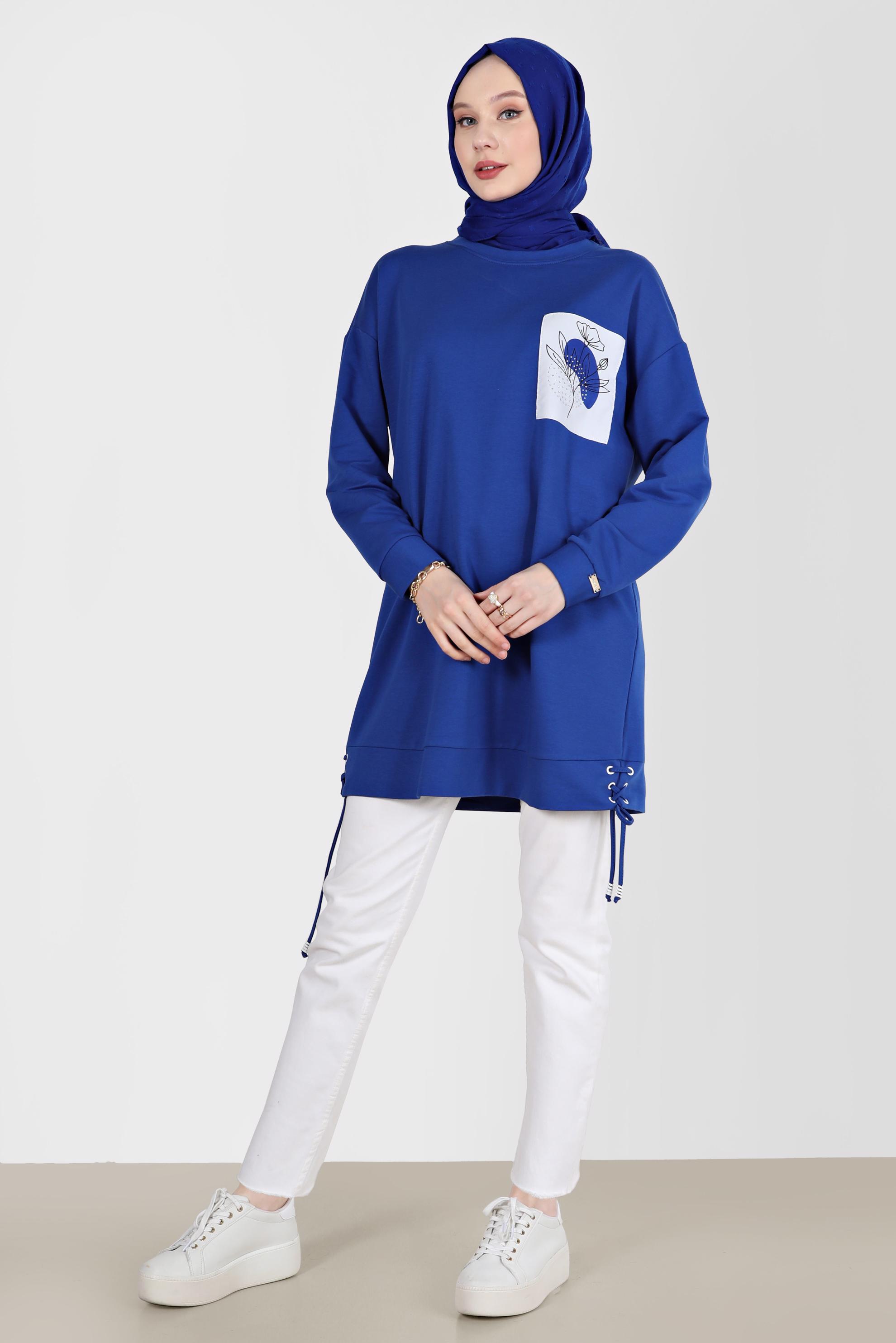 Tesettür giyim LACİVERT KUŞGÖZÜ DETAYLI BASKILI TUNİK 42597 